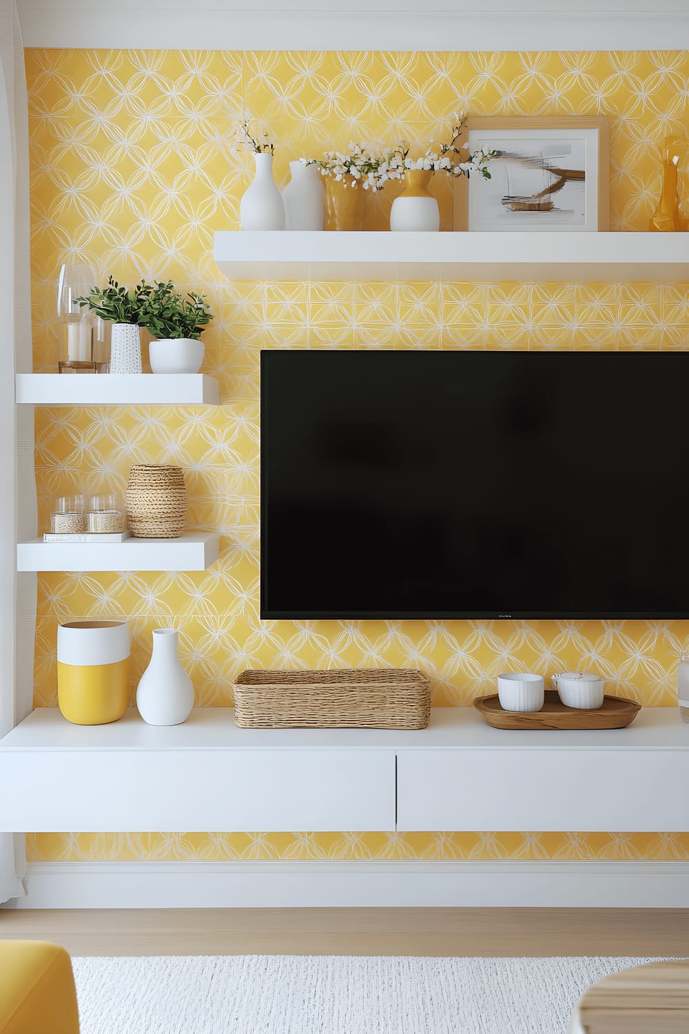 A lively television wall painted in sunny yellow with detailed white trimmings. The wall is adorned with sleek white floating shelves holding yellow ceramics, white candles, and natural wood accents. Patterned yellow and white geometric or textured wallpaper serves as a background while natural light beams into the room, creating an altogether vibrant and uplifting atmosphere.