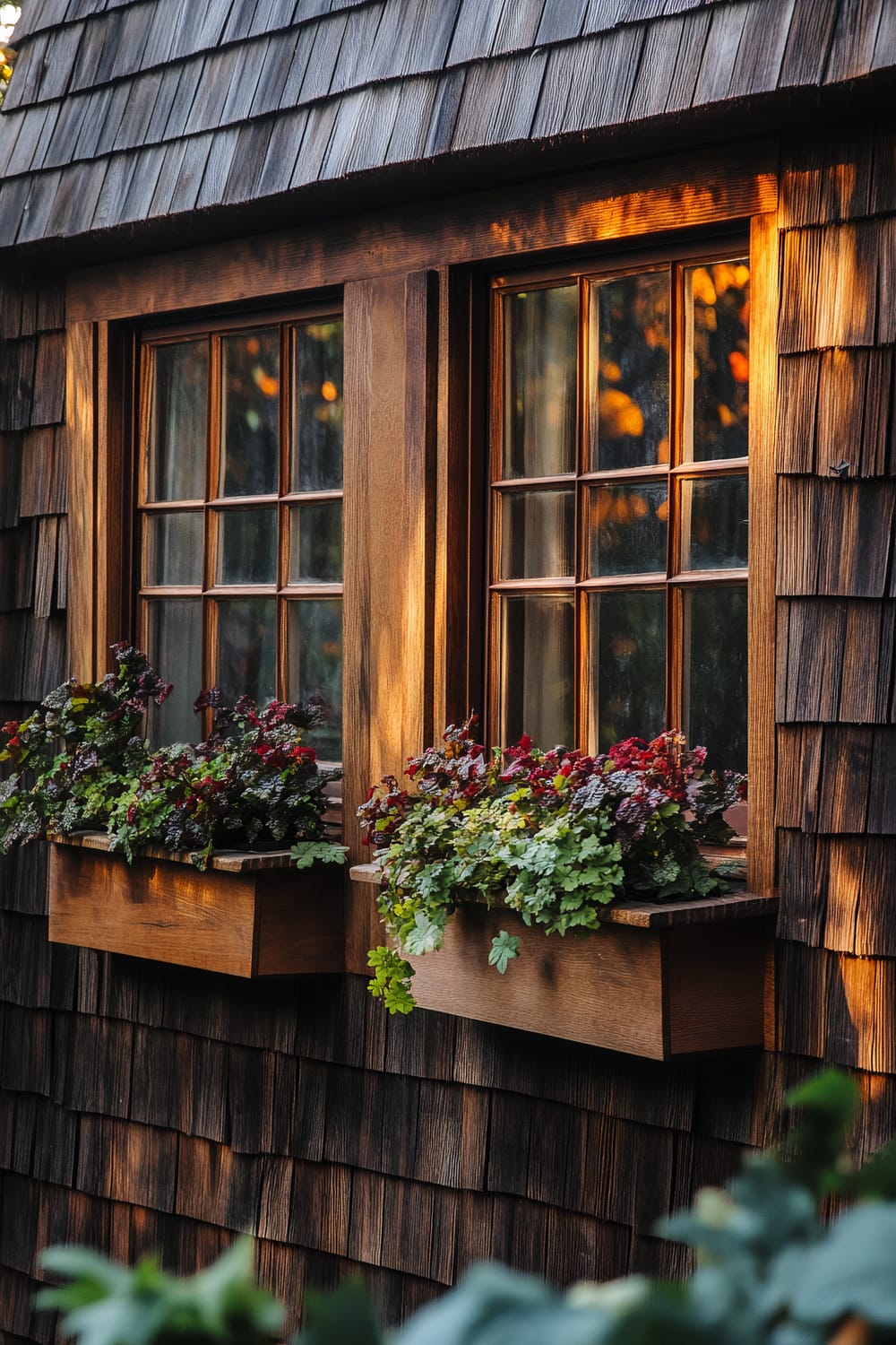 A quaint exterior featuring two wooden-framed windows adorned with artisanal window boxes overflowing with lush, vibrant green and red foliage. The windows are set against a rustic backdrop of weathered brown shingle siding, with the warm glow of sunlight casting soft shadows, enhancing the natural texture of the wood and plants.