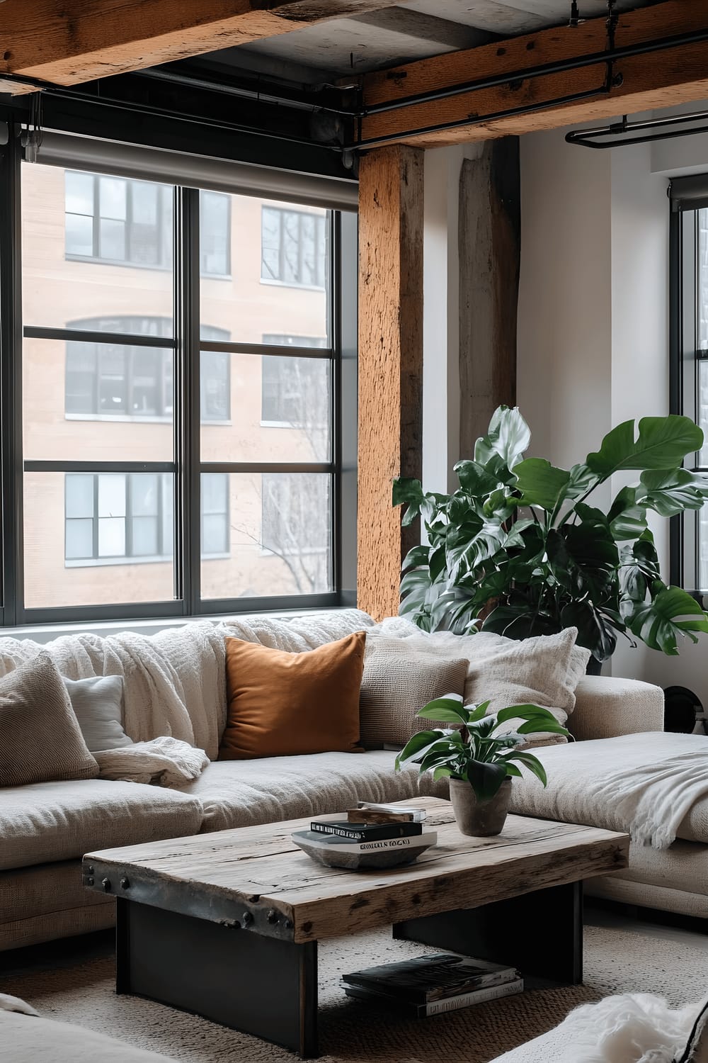 A spacious living room combining rustic farmhouse and industrial elements, featuring a comfortable sofa created from reclaimed burlap, a coffee table with a live-edge wooden top resting on sturdy metal legs, and overhead wooden beams with industrial metal piping. Monstera deliciosa plants housed in large concrete planters add a touch of greenery. Light streams in through large factory-style windows and warm filament bulb fixtures, highlighting the harmony of diverse textures and materials in the room.