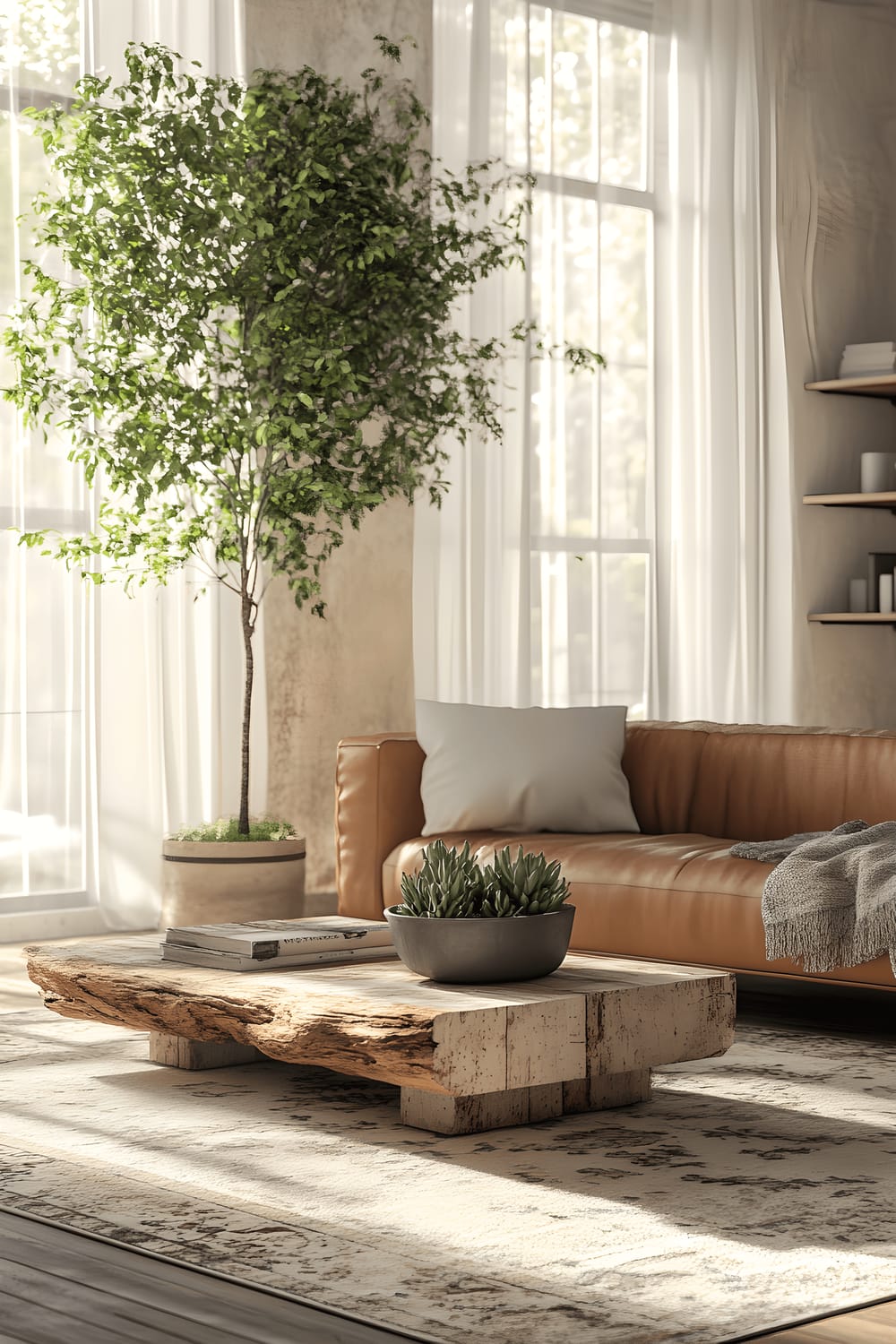 A spacious living room with an Italian modern farmhouse aesthetic. It features a plush leather sofa centered with a reclaimed wood coffee table. Spectacular metallic bookshelves hover on one side, scattered with books and miscellaneous items along with pendant lamps. Vibrant green olive trees and succulents are potted meticulously around the room. Large windows stretching across the wall promote ample natural light and a panoramic outdoor view, complemented by soft sheer curtains. The room is washed with a neutral color palette, highlighted by terracotta and sage green accents.