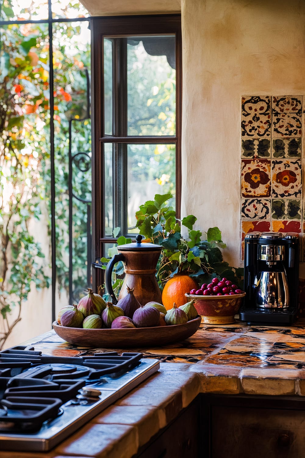 A richly adorned kitchen corner with rustic appeal features a gas stove with black iron grates on a tiled countertop. A wooden bowl of figs, a coffee maker, and colorful bowls containing various fruits, including a pumpkin and red berries, adorn the countertop. The back wall features vibrant, patterned tiles, and a window provides a view of a lush outdoor space with greenery and vines.