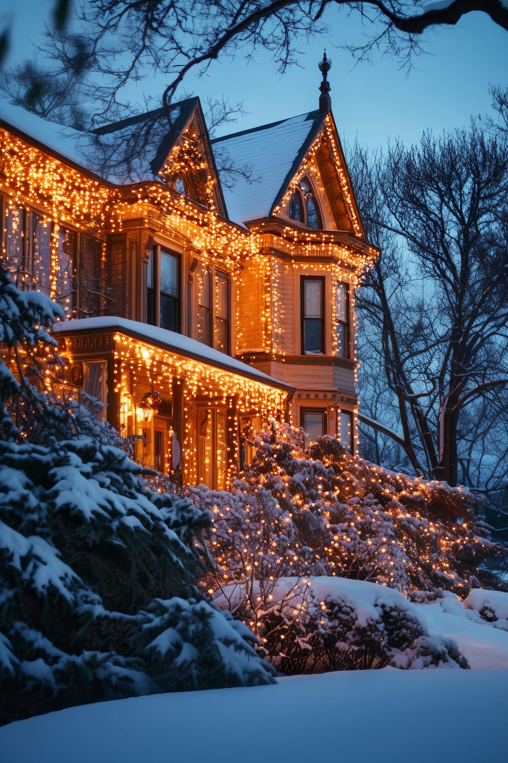 A Victorian-style house adorned with warm amber Christmas string lights is shown during twilight. The house's ornate architectural features are highlighted by the glowing lights. Snow lightly covers the roof, evergreen shrubs, and surrounding landscape. The background displays a cold, blueish winter sky and bare tree branches.