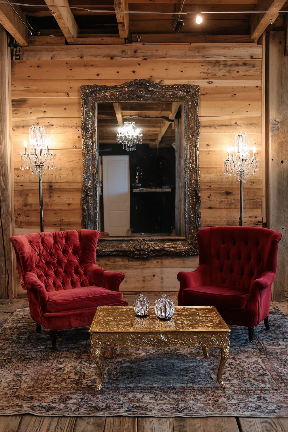 A sophisticated interior of a glamorous pole barn loft features two plush velvet armchairs in a rich red color, positioned on either side of an ornate gold lacquered coffee table adorned with three crystal ornaments. Behind the furniture, a large, intricately framed mirror is mounted on a wooden wall, reflecting a chandelier and parts of the room. Two elegant floor lamps with crystal decorations stand symmetrically on each side of the mirror. The decor juxtaposes rustic wood elements with bold metallic colors and luxurious textures.