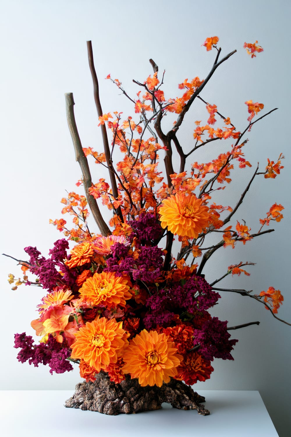 A floral arrangement with bright orange and deep purple flowers, surrounded by branches with orange blossoms. The flowers are arranged in a naturalistic, sculptural manner, emanating from a textured, bark-like base. The background is a plain light grey wall that highlights the vibrant colors and intricate details of the arrangement.