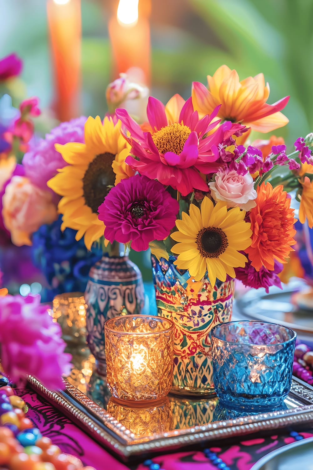 A vibrant, layered maximalist centerpiece displayed on a mirrored tray. The composition includes patterned Moroccan tiles, metallic gold accents, an array of glass beads in numerous colors, and a variety of radiant flowers like sunflowers, dahlias, and marigolds presented in eclectic vases. Additional elements include beaded garlands, colored candles, and decorative pottery. The scene is dramatically lit from above, which further enhances the rich colors and textures of the arrangement.