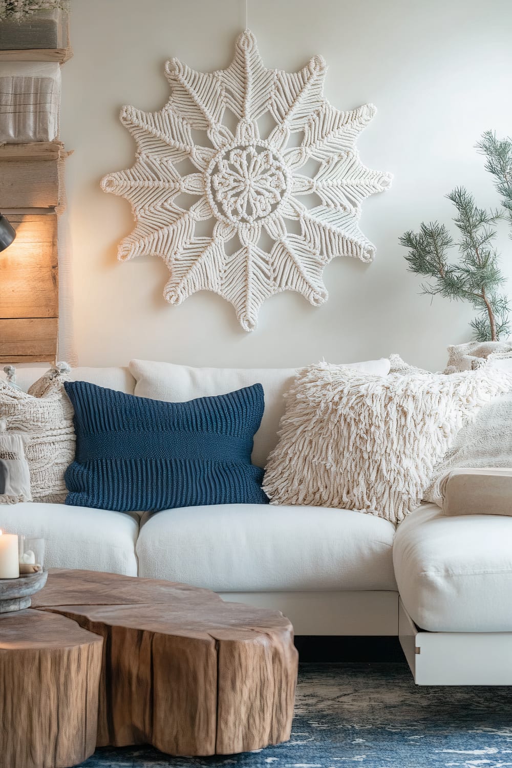 A living room with a white macramé snowflake wall hanging featuring subtle cobalt blue accents on the wall. Below it is a white sofa adorned with throw pillows, including a cobalt blue pillow and a shaggy cream pillow. A rustic wood coffee table with a natural edge sits in front of the sofa. To the left, there is a stack of neatly folded blankets, and a small pine branch is visible on the right.