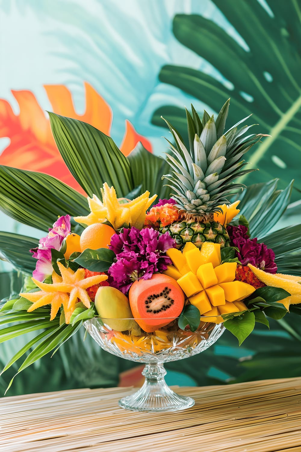 A vibrant table centerpiece composed of tropical fruits such as pineapples, mangoes, and starfruits mixed with lush green monstera and palm leaves, arranged in a clear glass bowl set on a light bamboo table. The background features a bright, large-scale botanical mural, and the scene is lit by natural light, enhancing the vividness of the colors.