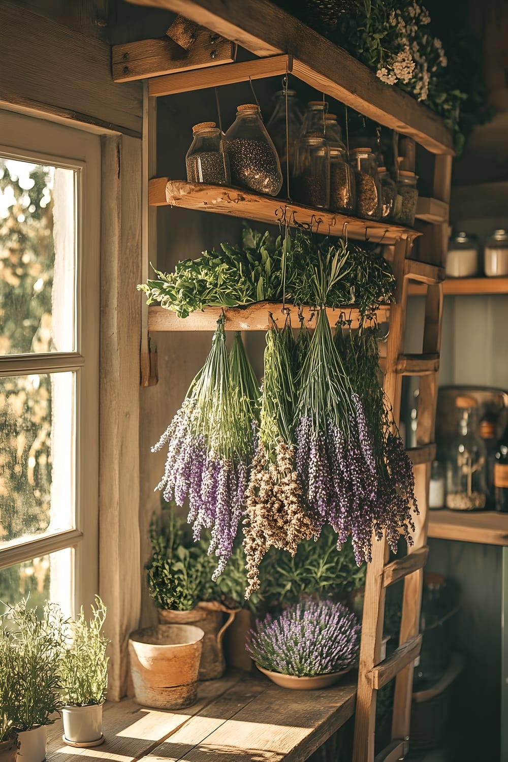 A rustic kitchen scene featuring a DIY herb drying rack crafted from an aged wooden ladder. The ladder is hung from the ceiling and adorned with upside down bunches of lavender, rosemary, and chamomile. Warm, golden-hour sunlight floods the room, casting a soft glow on the wood and herbs.