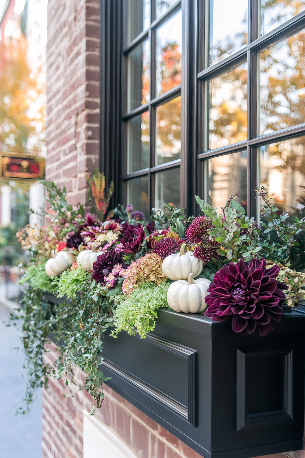 Close-up view of a window box with autumnal decorations on a brick building. The window box features burgundy dahlias, white mini pumpkins, green cascading foliage, and various other seasonal blooms. The windows have black frames, reflecting the colorful autumn trees in the background.