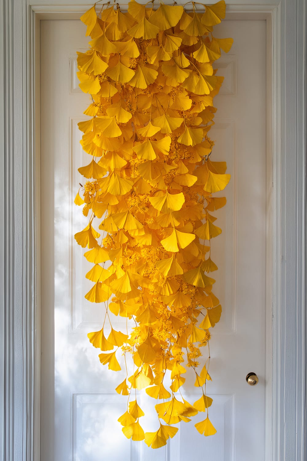 A white door adorned with vibrant, cascading yellow ginkgo leaves.