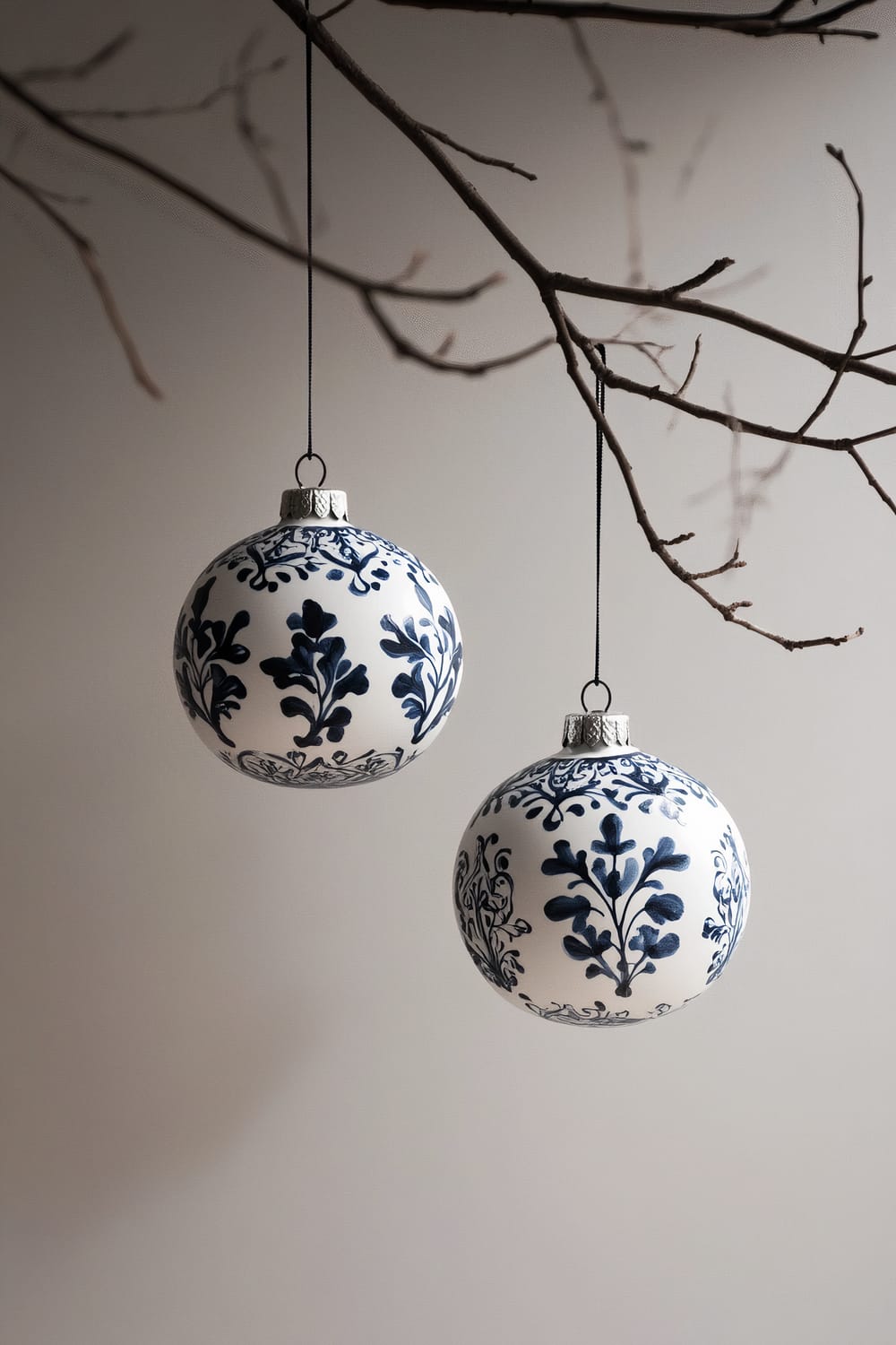 Two ceramic ornaments painted with traditional Swedish Dala patterns in deep blue and white, hanging from a matte black branch against a light gray wall with gentle shadows.