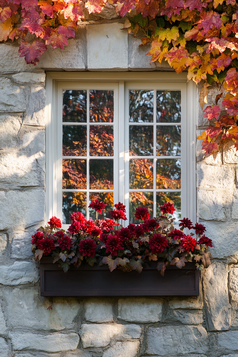 A double-hung multi-pane window set into a rustic stone wall is adorned with a window box filled with red flowers and green foliage. The wall is partially covered with vibrant red, orange, and yellow autumn leaves. The window reflects the surrounding autumn scenery, adding depth and warmth to the image.