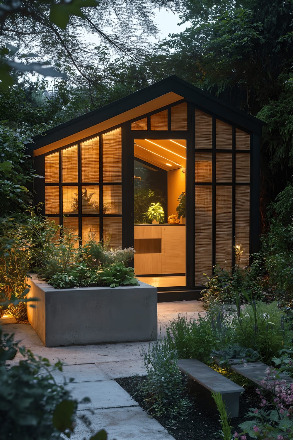 A small, sophisticated garden shed made of sustainable bamboo panels stands in a tiny garden. The shed features large windows and the surroundings are adorned with a neat raised bed filled with organic herbs. To the side of the scene is a simple bench made from recycled concrete. The ambiance of the garden is enhanced by the soft light of the dawn.