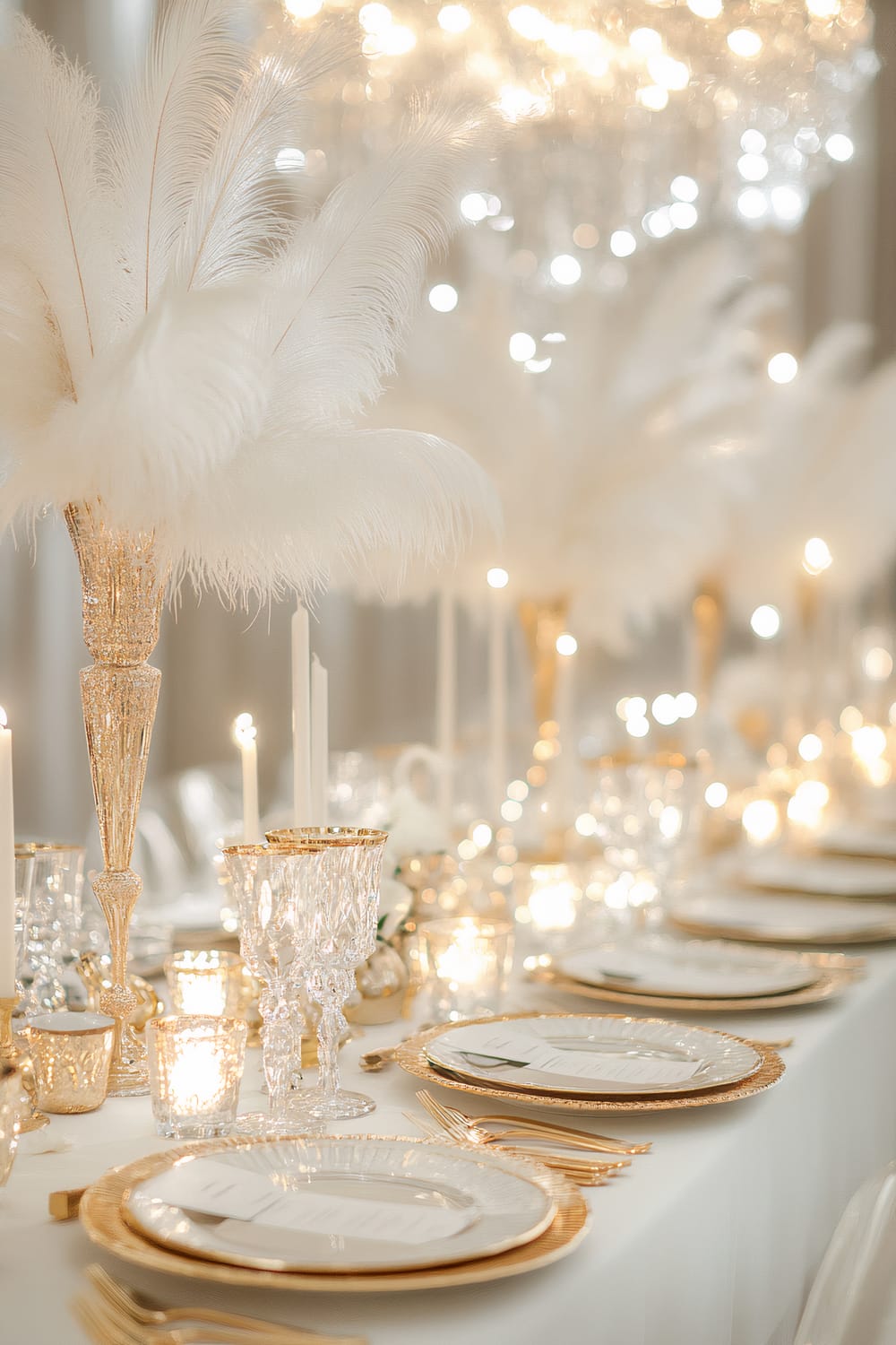 A lavish white Christmas dinner banquet table adorned with gold-rimmed plates, elegant gold flatware, and crystal glassware. Centerpieces consist of white feathers and gold votive candles in ornate gold holders. Ambient lighting from a crystal chandelier creates a glamorous and opulent festive setting with soft reflections on gold accents.