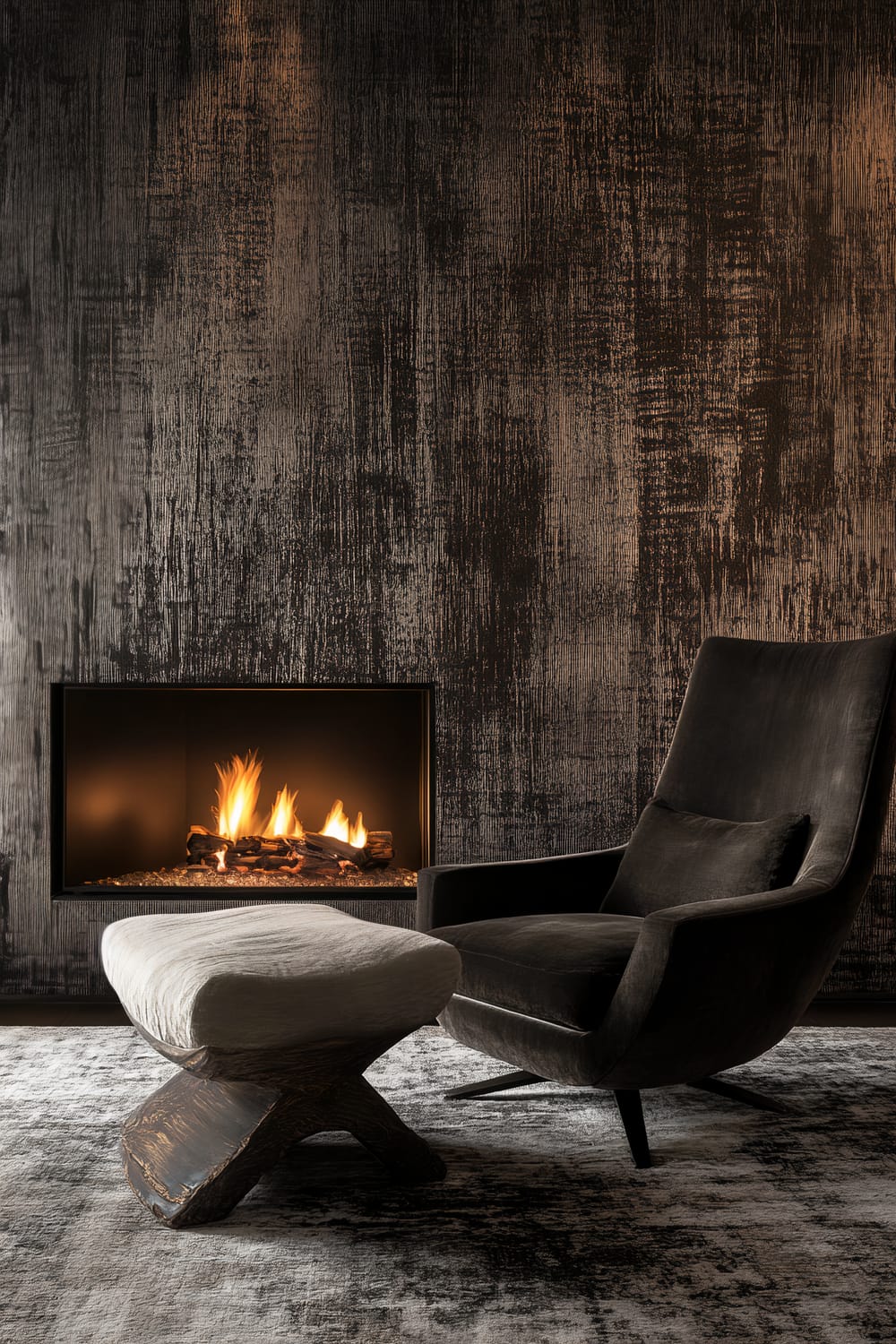 An elegant living room with dark textured suede wallpaper, a minimalist fireplace with flames, a rich fabric lounge chair, and a rustic-style ottoman with a soft fabric top. The room features a soft ambient light enhancing the textures and colors.