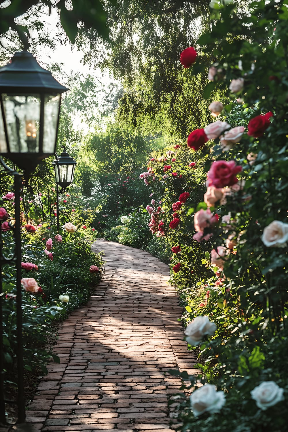 An old-world charm infused pathway, made of brick, meanders amidst a garden brimming with roses in rich hues of red, blush pink, and creamy white. Vintage wrought-iron lanterns sporadically dot the path, enhancing the romantic ambiance of this English-inspired rose garden.