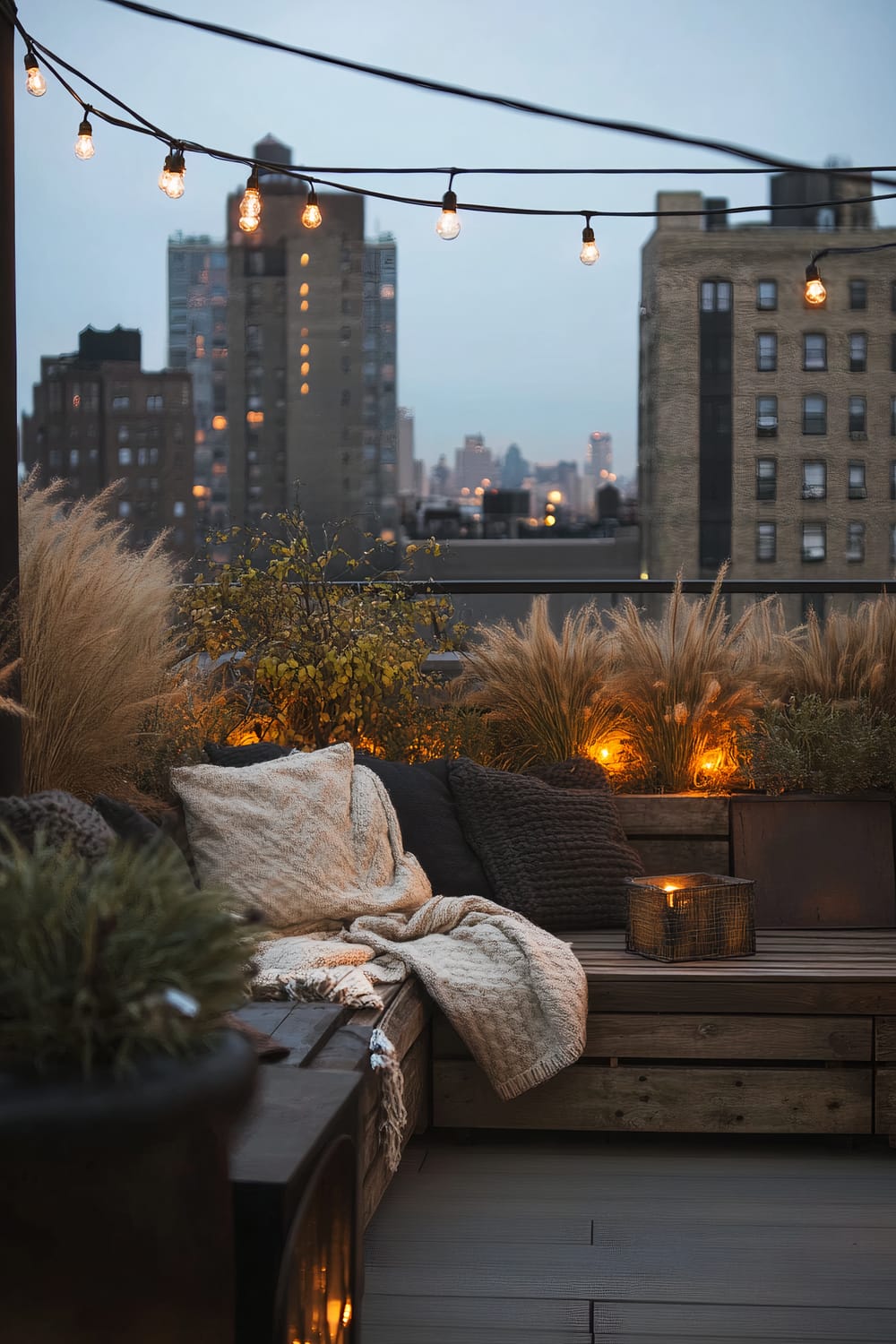 Rooftop seating area with a wooden bench, adorned with soft, knitted blankets and cushions. String lights hang above, illuminating the space with a warm glow. Ornamental grasses and potted plants add to the cozy ambiance. High-rise buildings in the background illustrate an urban setting at dusk.