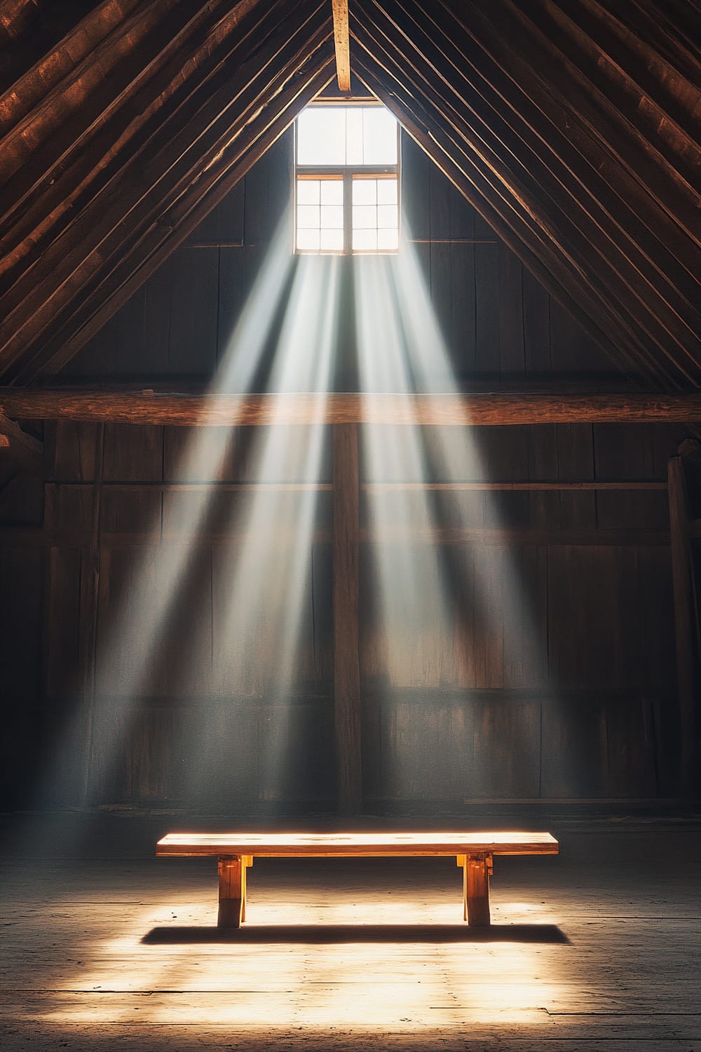 A loft inside a pole barn featuring dramatic beams of light streaming through a high window, illuminating a single wooden bench. The setting showcases a strong contrast between light and shadows, highlighting the rustic wooden architecture.