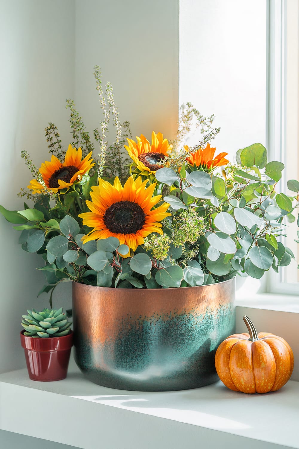 A modern Friendsgiving display features a large copper green planter filled with fresh eucalyptus, sunflowers, and deep yellow dahlias. Surrounding the planter are two small deep red pots with succulents and a small pumpkin beside the planter on a sleek white shelf. The setup is illuminated by natural sunlight, highlighting the vibrant greenery and warm autumn colors against a clean white wall.