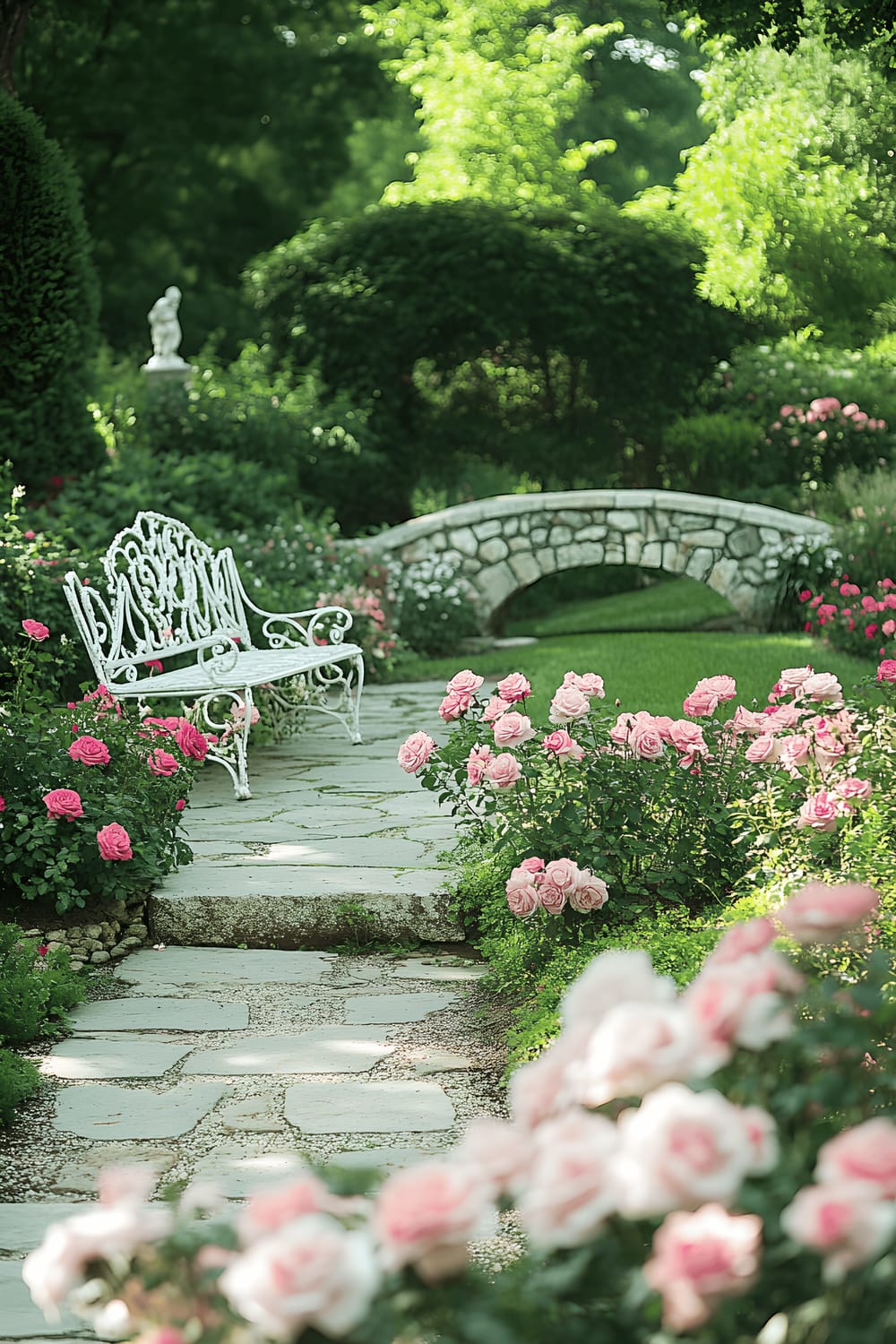 A quintessential English rose garden filled with a variety of roses in full bloom, arranged by neatly trimmed stone borders. A charming stone bridge arches gracefully over a peaceful stream bisecting the garden, and a white wrought iron bench provides a seat from where the beauty can be appreciated. Various traditional garden statues enhance the serene and timeless atmosphere of the garden. The image is taken from a low angle during the afternoon, amplifying the idyllic and romantic nature of the scenic English garden.