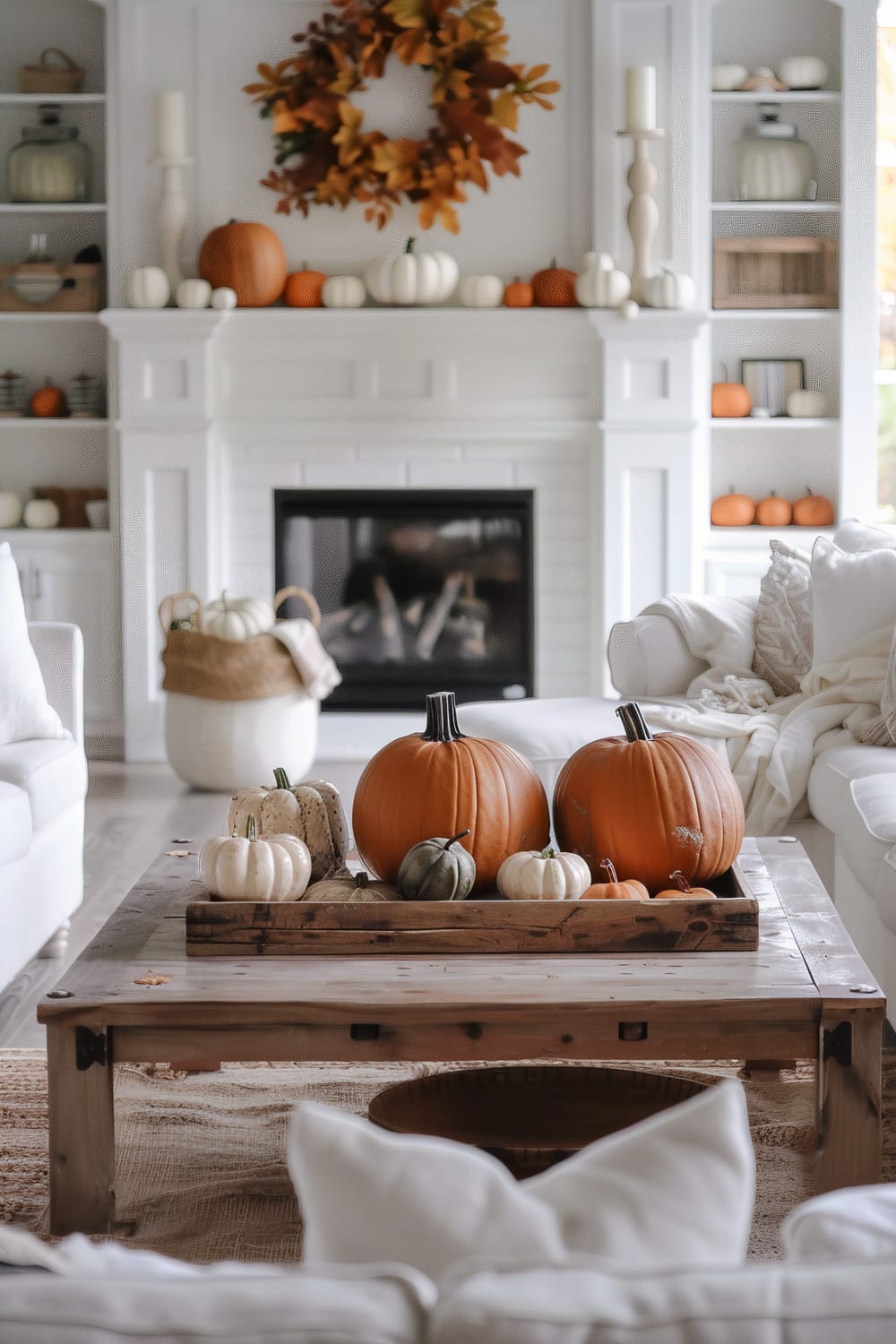 A cozy living room features a white fireplace decorated with various sizes and colors of pumpkins on the mantel. Shelves on either side of the fireplace are adorned with additional pumpkins, cream-colored vases, and candle holders. A large wreath with autumn leaves is centered above the fireplace. In the foreground, a wooden coffee table is decorated with a rustic wooden tray holding multiple pumpkins of different shapes and colors. White plush sofas filled with pillows flank either side of the coffee table.