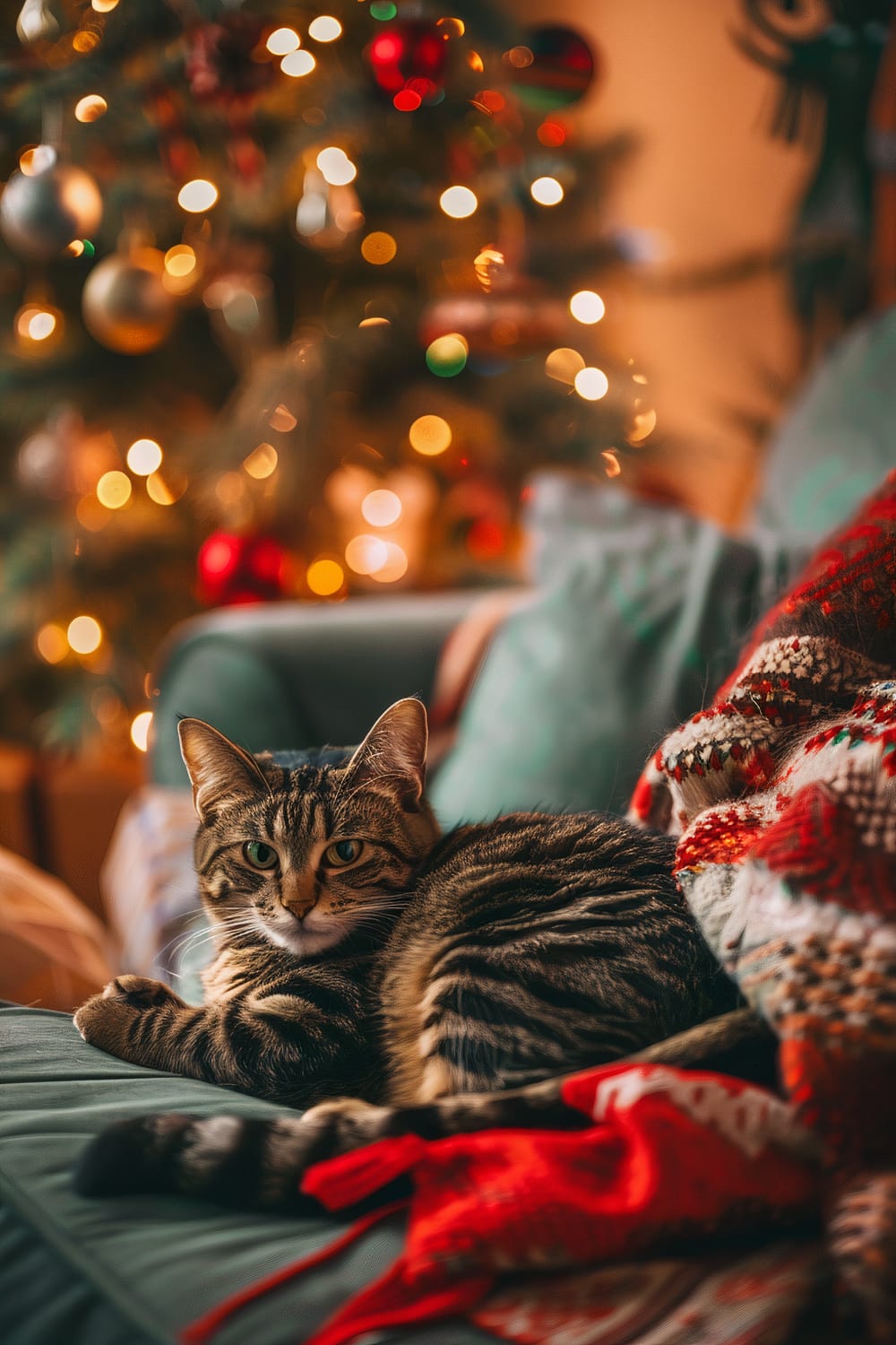 A tabby cat is lounging on a green sofa next to a red and white knitted blanket. Behind the cat, a Christmas tree adorned with various ornaments and twinkling lights is softly out of focus, creating a warm and festive atmosphere.