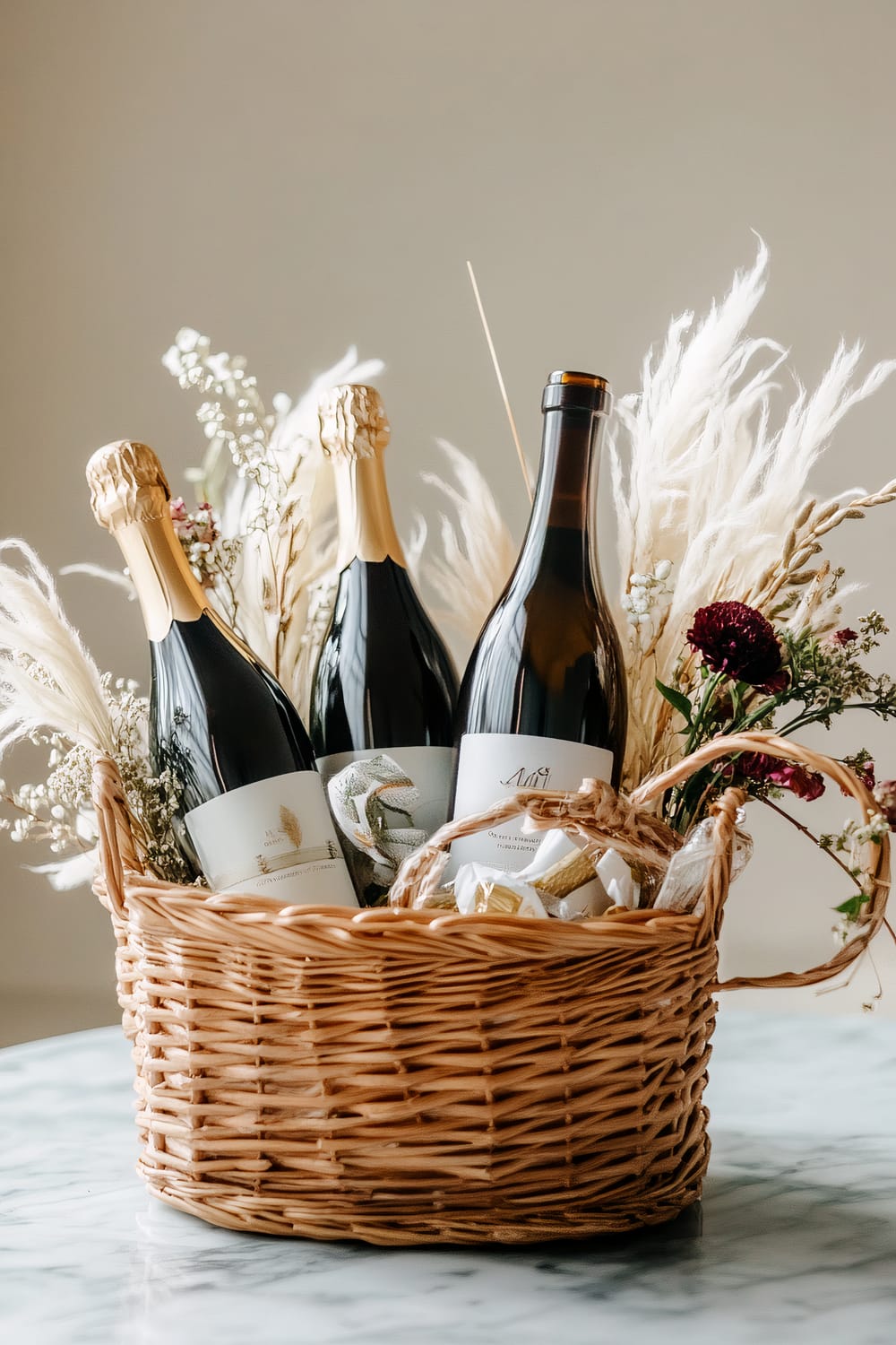 A wicker basket placed on a marble surface containing three bottles of wine and champagne, adorned with dried pampas grass, baby’s breath, and dark red flowers. The arrangement blends rustic elements with a touch of elegance, creating a visually appealing and sophisticated presentation.