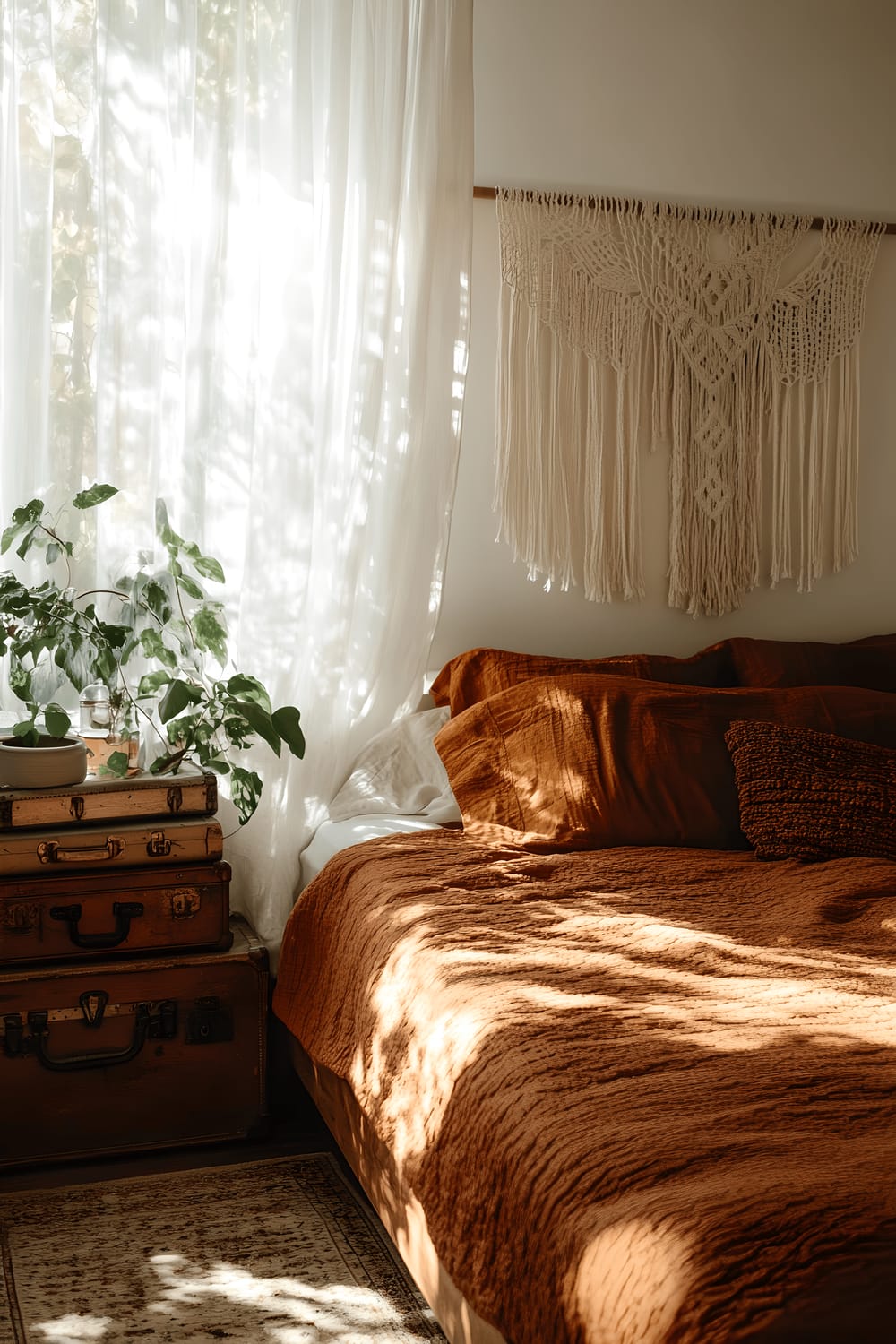 A boho-chic styled bedroom from the 1970s. The room features a low wooden platform bed dressed with warm burnt-orange bedding. Next to the bed are stacked vintage suitcases serving as a side table. A textured macrame wall hanging decorates a wall. Sunlight streams through sheer woven curtains, casting soft light over the room.