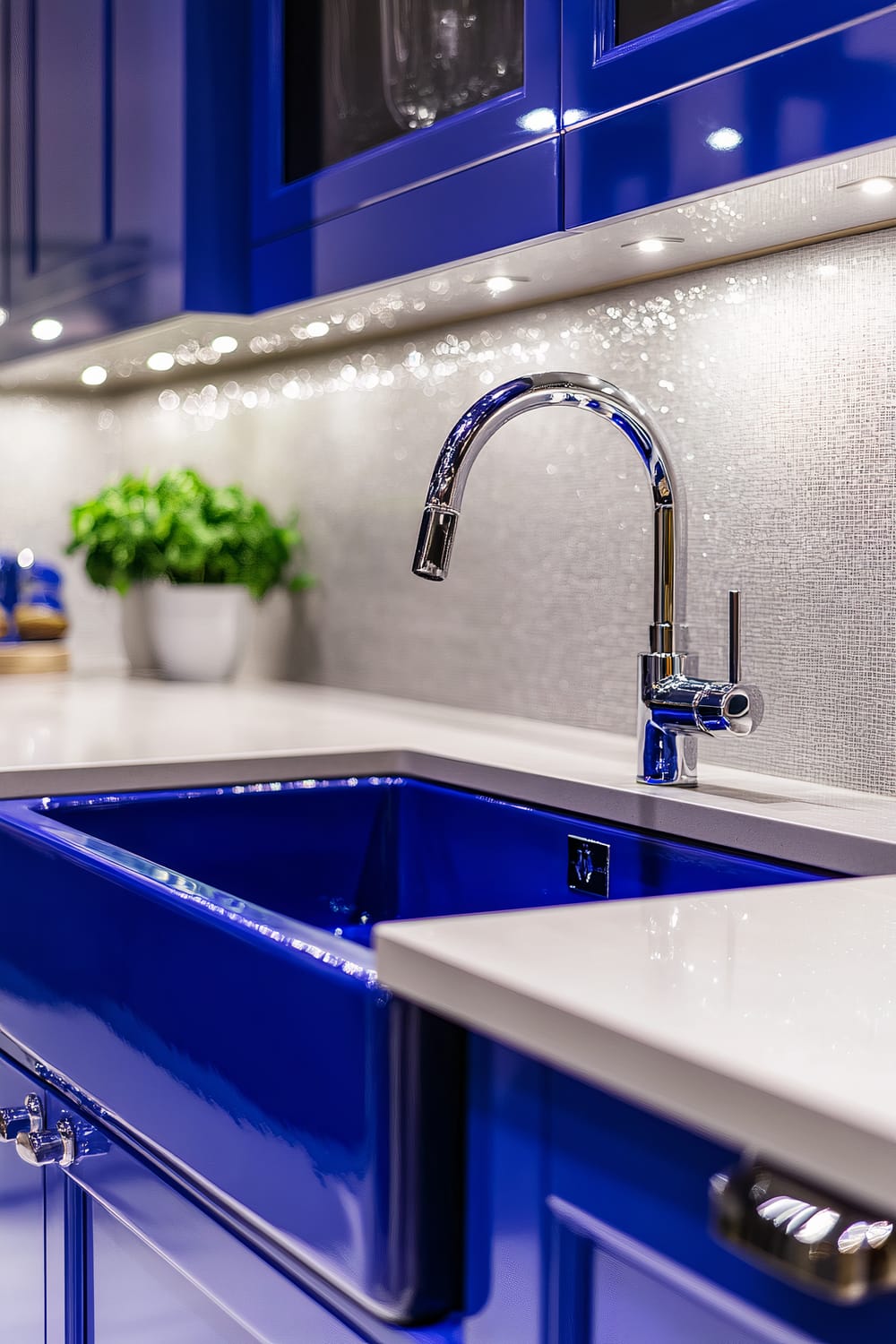 A modern kitchen with a striking cobalt blue sink and matching cabinetry. The sink has a glossy finish and a sleek, curved chrome faucet. The countertop and backsplash are neutral in color, providing a contrast to the vibrant sink. Under-cabinet lighting adds a touch of elegance to the uncluttered and chic kitchen space, with a small green plant on the countertop adding a hint of natural color.