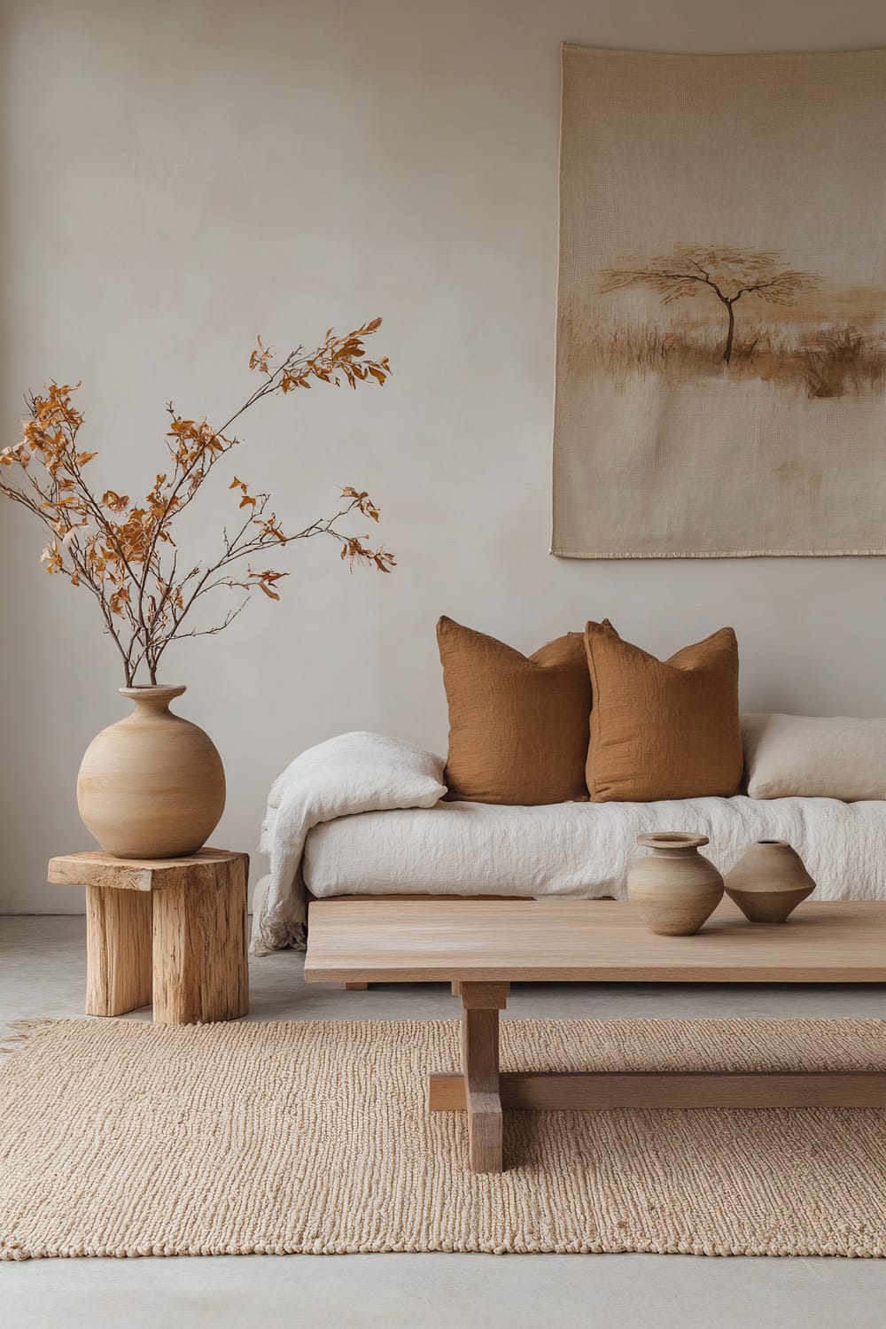 An interior scene with a minimalist aesthetic, featuring a light wooden coffee table with three ceramic vases. A low bench with a white cushion and two rust-colored pillows stands behind the table. A woven natural rug lies underneath. On the left, a wooden stool holds a large vase with dried autumnal branches. The backdrop includes a wall hanging with a tree landscape.