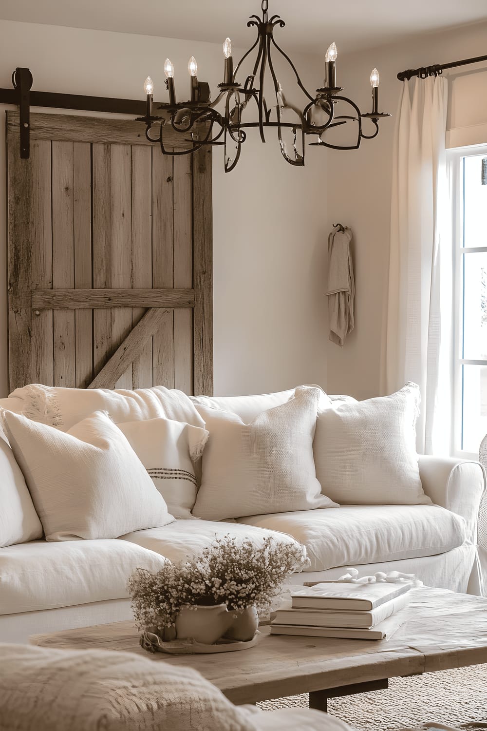 An uncluttered farmhouse-style living room illuminated by soft evening light. A repurposed barn door hangs on one wall as decor, and a comfortable linen sofa furnished with neutral throw pillows sits in front of it. A rustic metal chandelier dangles from the ceiling, contributing to the room's rural charm.