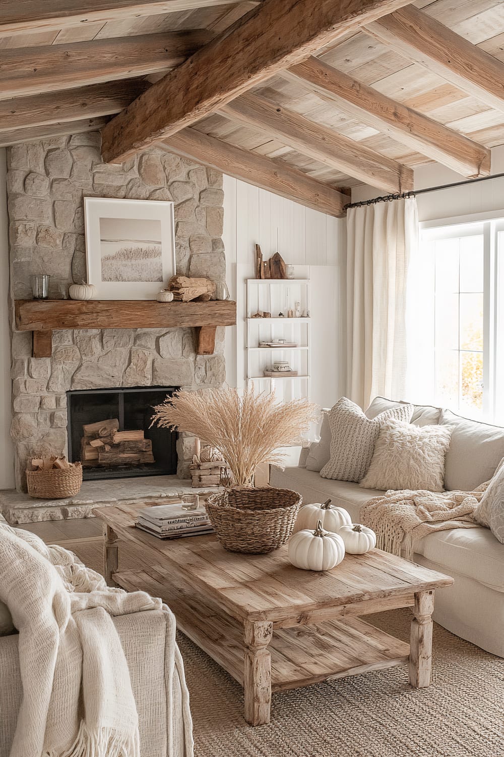 A sunlit living room showcases a rustic yet refined aesthetic, centered around a stone fireplace with a chunky wooden mantel. The ceiling features robust exposed wooden beams, harmonizing with the light wooden coffee table and woven baskets adorning the room. Creamy sofas are lavished with textured pillows and throws, while autumnal accents like white pumpkins and dried pampas grass in a basket adorn the coffee table. The space is bathed in natural light streaming through large, unadorned windows with soft, beige curtains.