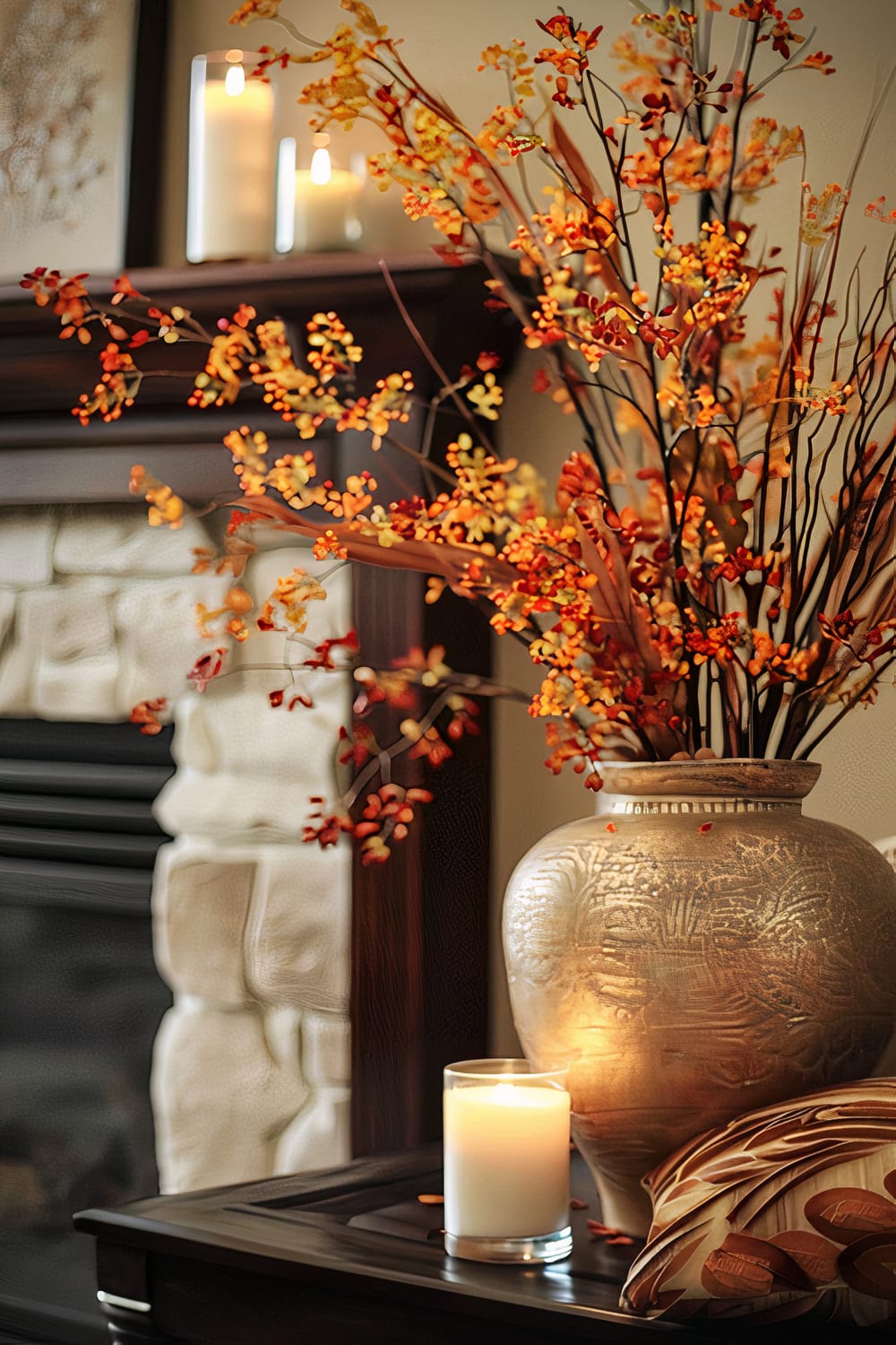 An ornate brass vase containing an arrangement of colorful autumn branches sits on a dark wooden table. A lit white candle in a glass holder is placed beside the vase. The background shows a stone fireplace mantel with additional lit candles, giving the scene a warm and inviting glow.