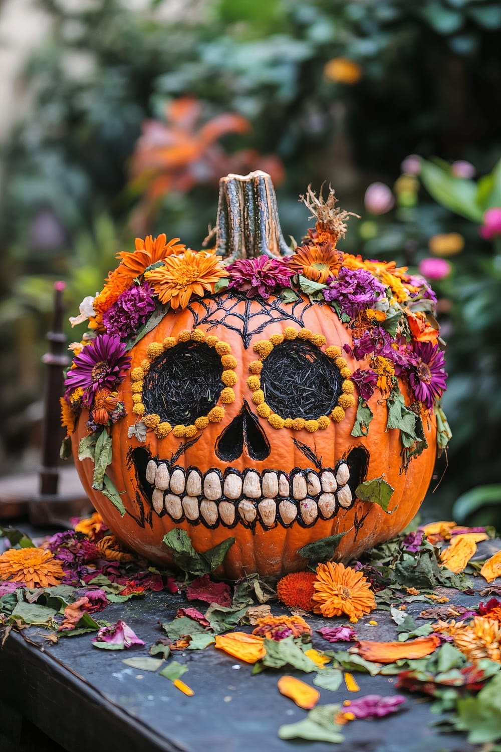 An intricately decorated pumpkin designed to resemble a skull. The pumpkin is embellished with colorful flowers including orange, purple, and yellow blooms around the eyes and on top of the pumpkin. Its eyes and mouth are carved out and decorated with additional flowers and seeds. The scene has more flowers and leaves scattered on the surface around the pumpkin, with a green, leafy background.