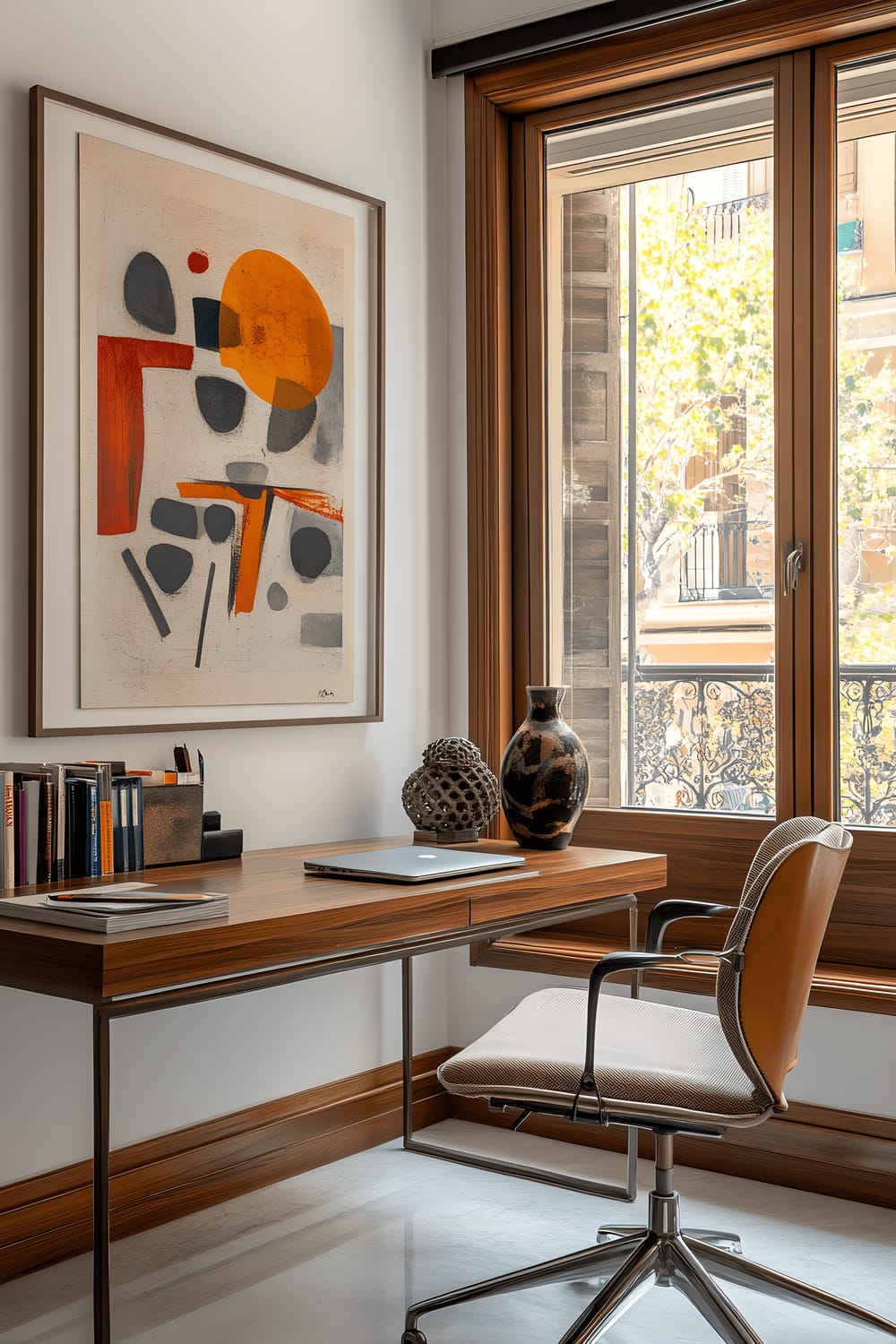 A home office with local Barcelona art featuring sleek wooden desk facing a large window. The desk is decorated with abstract ceramic sculptures and below an abstract painting hung on the wall. There's a comfortable ergonomic chair with Catalan textile upholstery at the desk and a built-in bookshelf filled with art books nearby.