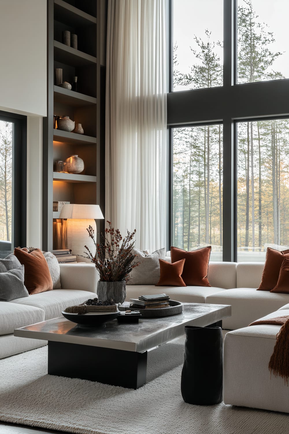 A modern living room featuring a large sectional sofa with white upholstery decorated with burnt orange and grey accent pillows. A sleek, dark-colored coffee table sits at the center, adorned with decorative books and a vase of dried branches. Floor-to-ceiling windows provide an expansive view of tall evergreen trees outside, while sheer white curtains add a soft touch. Built-in shelving on the left side showcases pottery and book accents illuminated by warm backlighting.