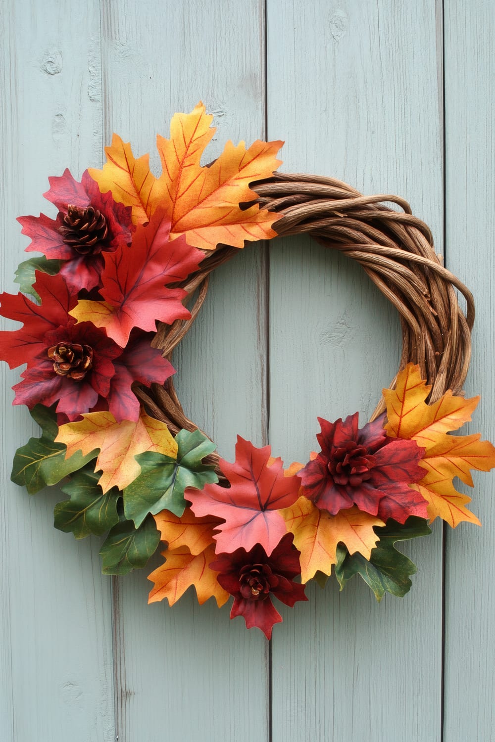 A decorative autumn wreath with vibrant artificial leaves in shades of red, orange, and yellow, accented with pine cones, hangs on a light blue wooden door. The wreath has a simple and natural aesthetic with a partially exposed, woven rattan base.