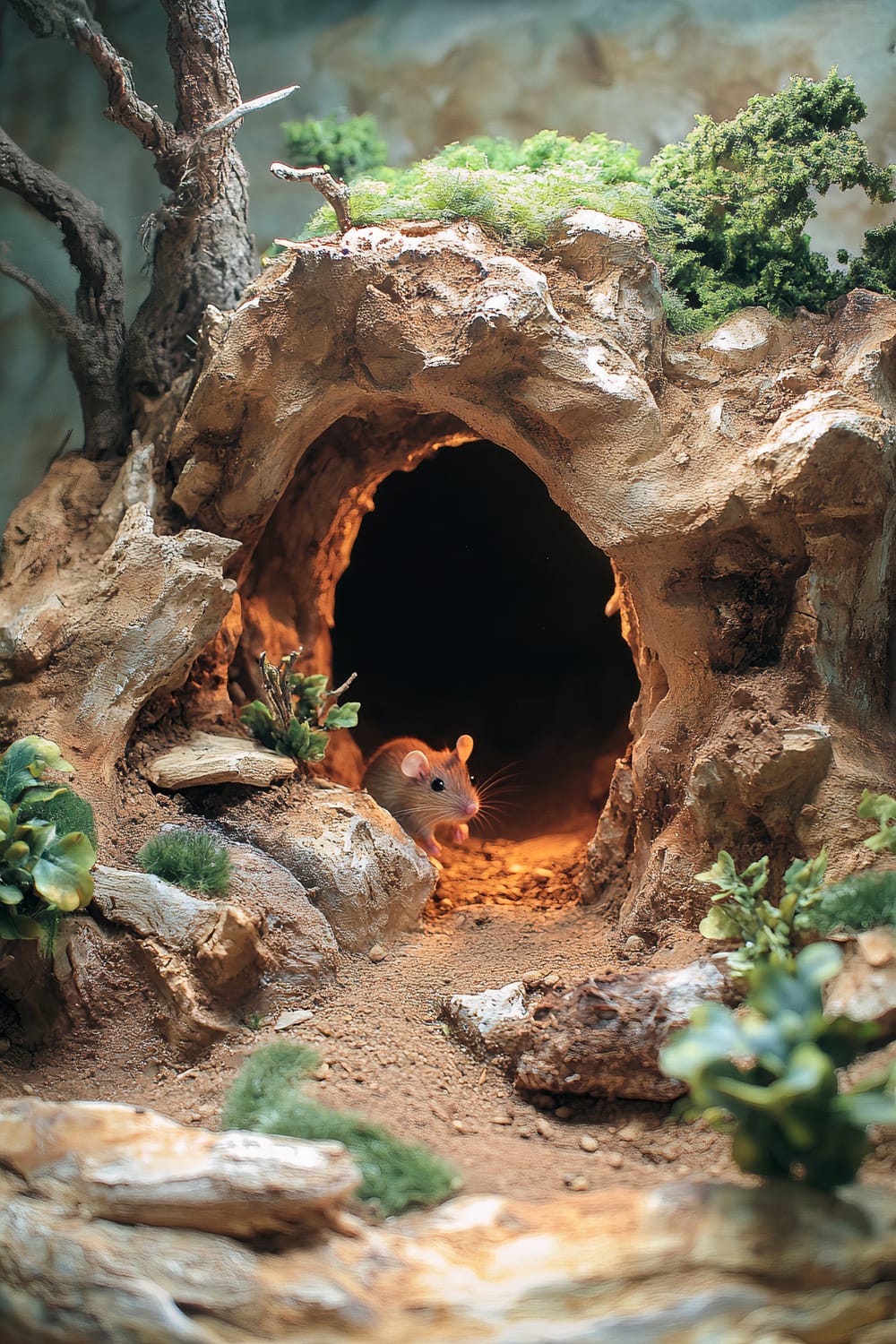 A small rodent peeking out of the entrance of a small cave-like structure. The cave is made of textured materials resembling rocks and soil, with some greenery and small plants around the entrance, creating a natural habitat appearance. The rodent is illuminated by a warm light coming from inside the cave.