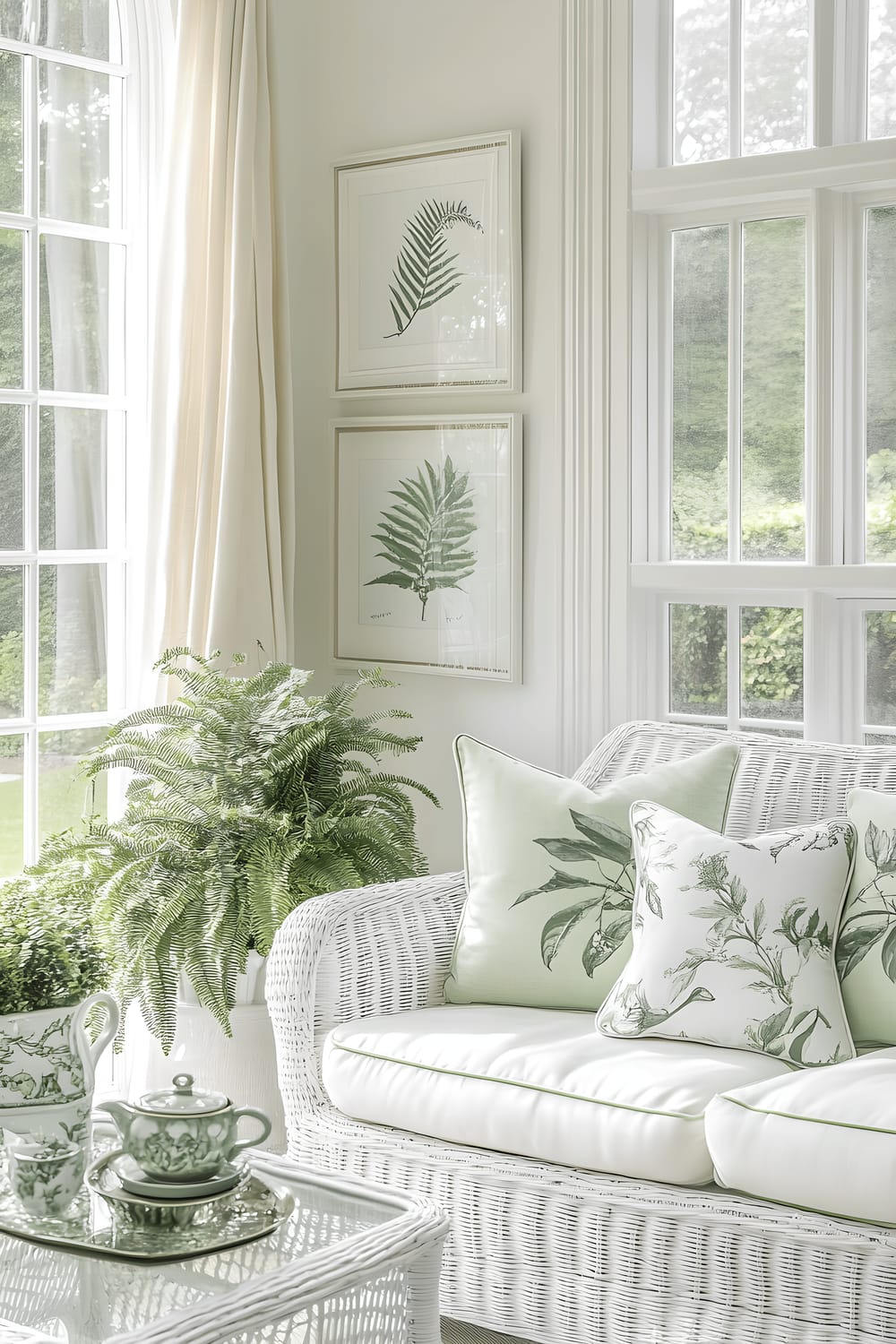 A well-lit sunroom in a London home, furnished with a white wicker sofa adorned with light green cushions. A glass coffee table sits next to the sofa housing a stylish white tea set. The room is ornamented with botanical prints and lush green indoor plants. Large windows draped with sheer curtains let in generous amounts of natural light, accentuating the room's freshness and inviting appeal.