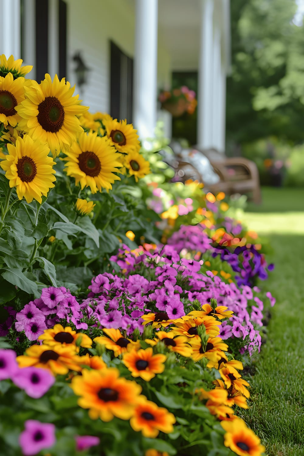 A beautiful spring garden bursting with vivid flowers including towering yellow sunflowers, pink petunias, and purple asters in front of a small white house. Additional colorful plants, such as golden coleus, fill the foreground of the image. A neatly trimmed green lawn edges the garden, showcasing the brilliant tableau of colors and shapes. At the back, a cozy white porch with a single wicker chair and decorative pillow can be seen, adding a welcoming touch to the picturesque scene.