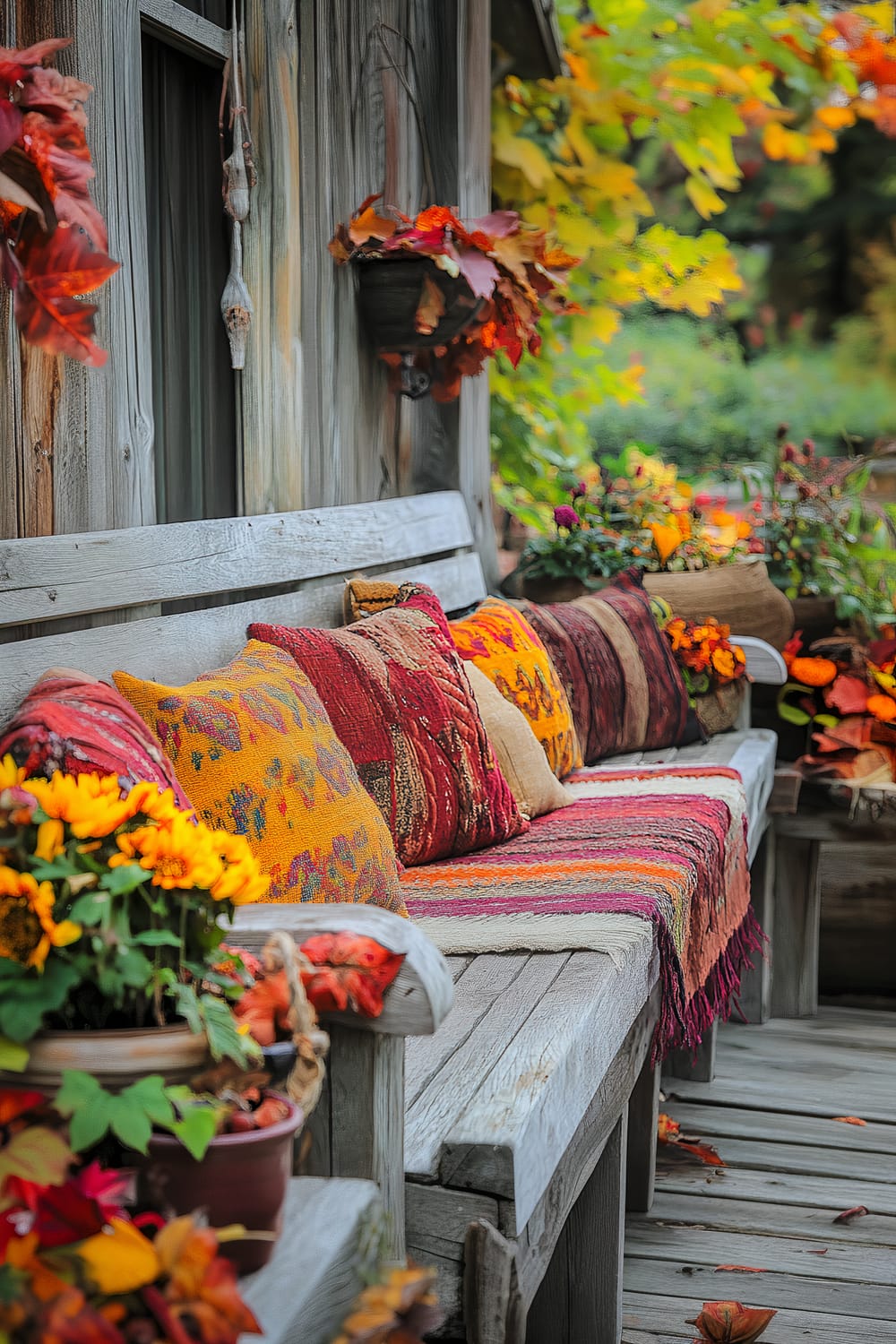 An outdoor wooden bench adorned with colorful, textured pillows and a matching blanket, set against a rustic wooden wall. The bench is surrounded by vibrant autumnal decorations including potted plants, leaves in hues of red, orange, and yellow, and flowers, capturing the essence of fall. The background features lush green foliage with hints of autumn colors.