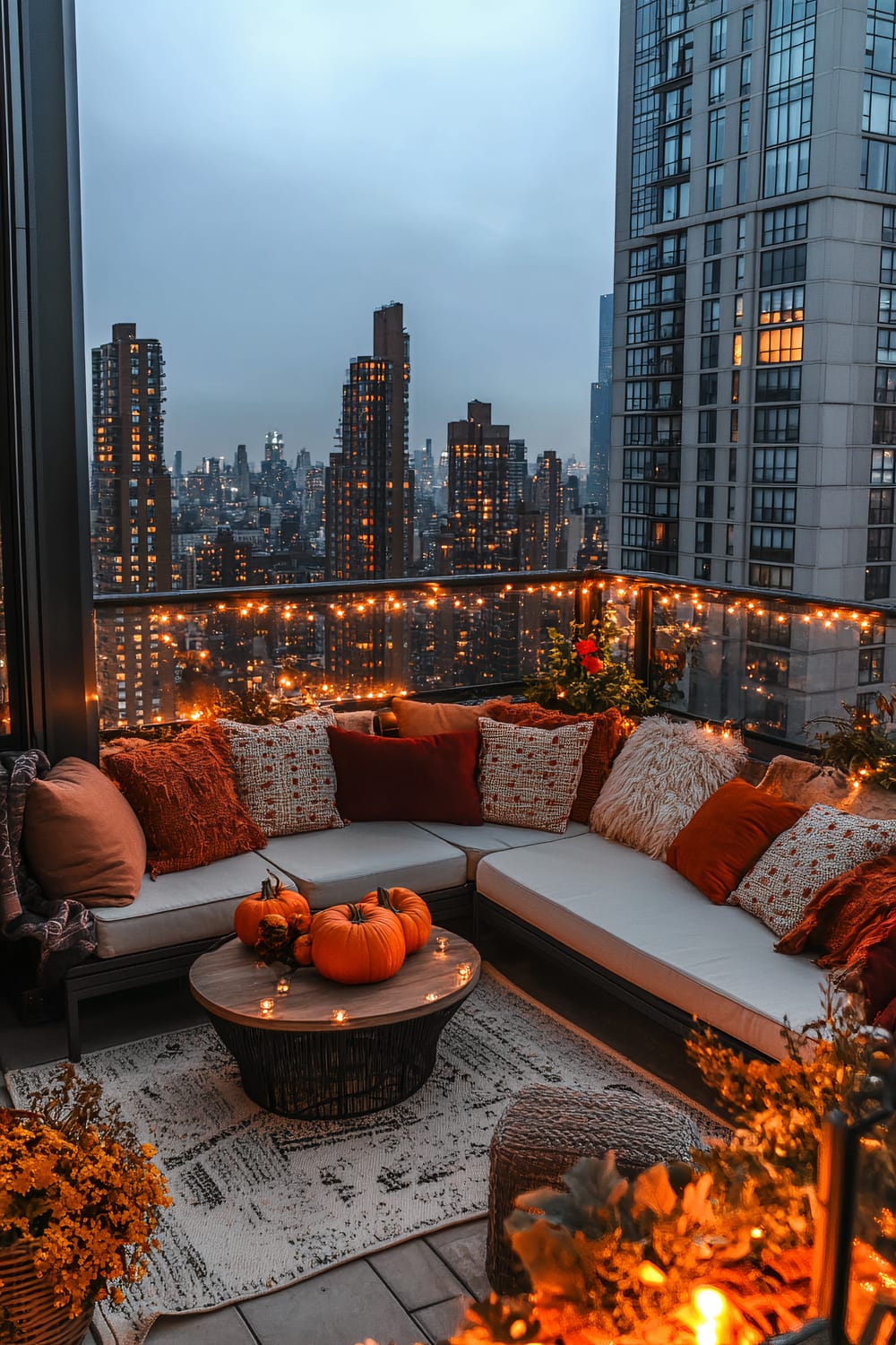 This balcony presents a luxurious outdoor seating area overlooking a nighttime cityscape. The L-shaped sofa is adorned with a variety of warm, textured pillows in rust, cream, and burnt orange hues. A circular wooden coffee table, placed atop a patterned rug, holds several small pumpkins and is surrounded by tiny candles. String lights are draped along the balcony railing, casting a warm glow over the space. In the corners, lush plants add a touch of greenery to the setting.