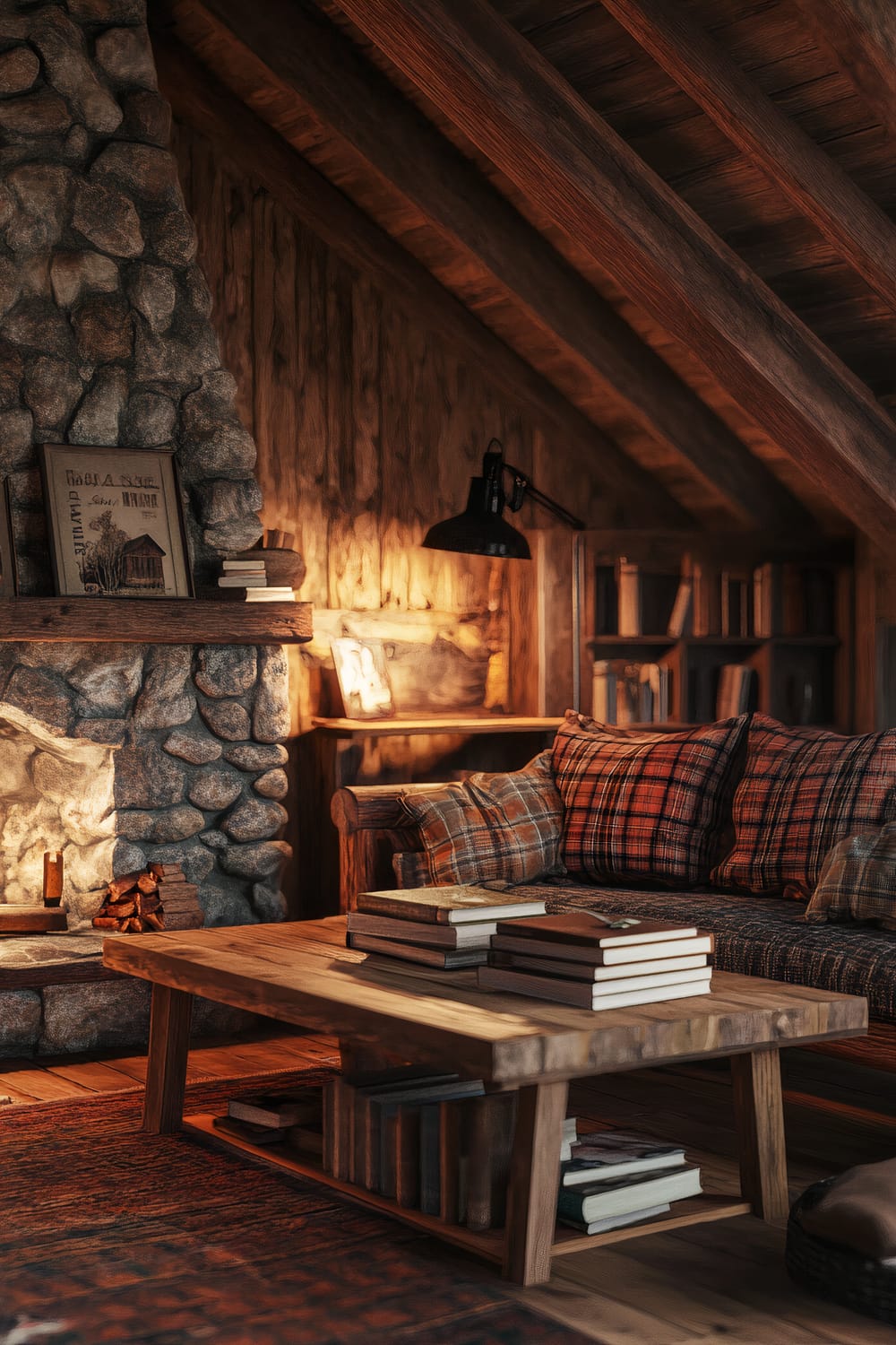 A rustic loft featuring a wooden log sofa with plaid cushions, a stone fireplace, and a wooden coffee table with a stack of books. The room is warm and cozy with earthy tones and strong lighting. A wrought iron lamp hangs above the sofa, and bookshelves are visible in the background.