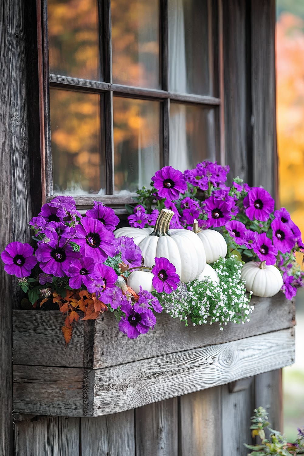 An autumn-themed window box garden is displayed. The box is made from rustic wood and is filled with vibrant purple petunias, white miniature pumpkins, and delicate white baby's breath flowers. The backdrop includes a wooden wall and a window with an autumn landscape reflected in the glass.