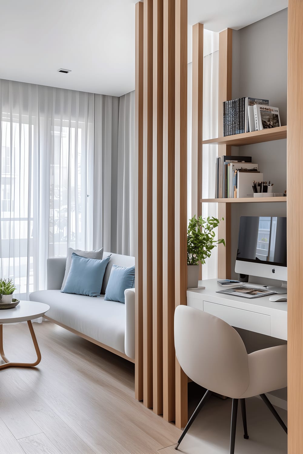 An open-plan living area seamlessly blending into a workspace, highlighted by light gray walls and light oak hardwood floors. A slim, white sofa adorned with pastel blue cushions is positioned around a minimalistic white coffee table boasting a lone green succulent and a stack of design magazines. Adjacent is a neat, compact workspace featuring a white desk, a matte black lamp, and tidy stationery. A tall, sleek bookshelf holding neatly lined books and a snake plant in a pot offers a division between the two areas. The overall space is lit by natural light filtering through large windows dressed with sheer white curtains.