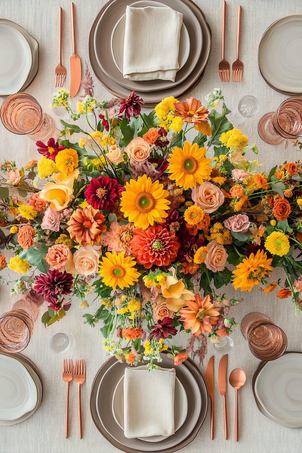 An elegantly set dining table featuring a vibrant centerpiece of various flowers in autumnal colors, including yellow sunflowers, orange roses, and red dahlias. The table is set with white and brown plates, copper cutlery, beige napkins, and rose-colored glassware.