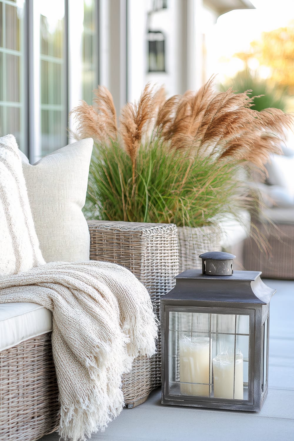 This image showcases a serene and inviting outdoor seating area. A wicker sofa adorned with soft, cream-colored cushions and a textured beige throw blanket creates a cozy atmosphere. Adjacent to it, tall potted grasses in woven baskets add a natural and earthy element. A rustic lantern housing two pillar candles enhances the tranquil ambiance.