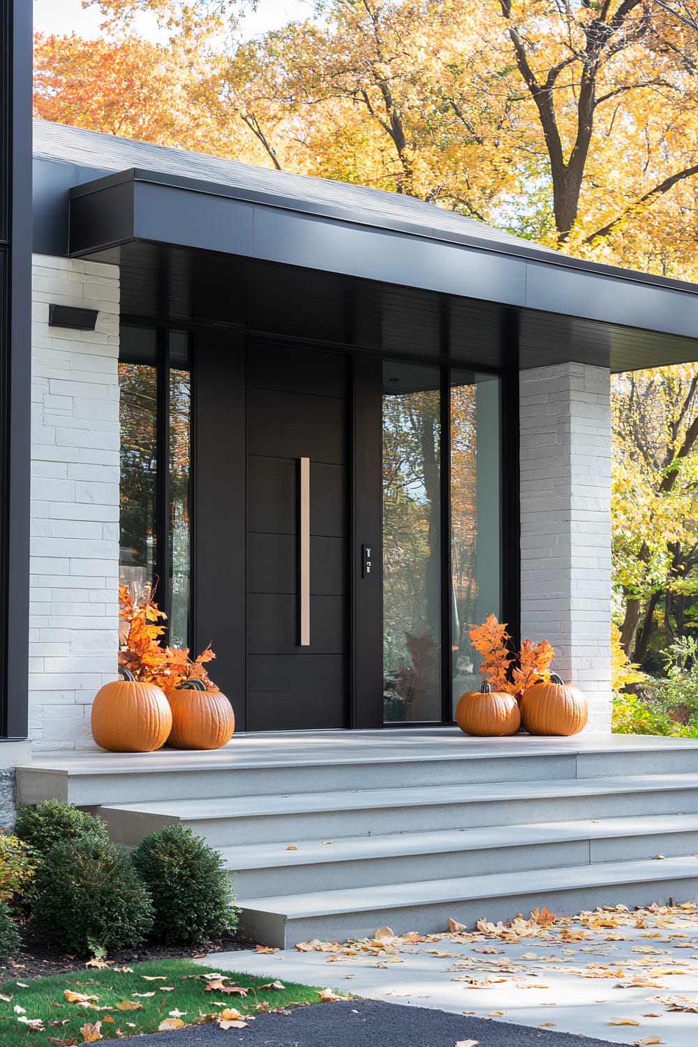 A modern home entrance displaying a sleek black door with a minimalist vertical handle, flanked by large windows. The exterior features light-colored brick columns and walls. The porch has three pumpkins with orange autumn leaves placed on both sides of the door. The setting is complemented by greenery and autumn foliage in the background.