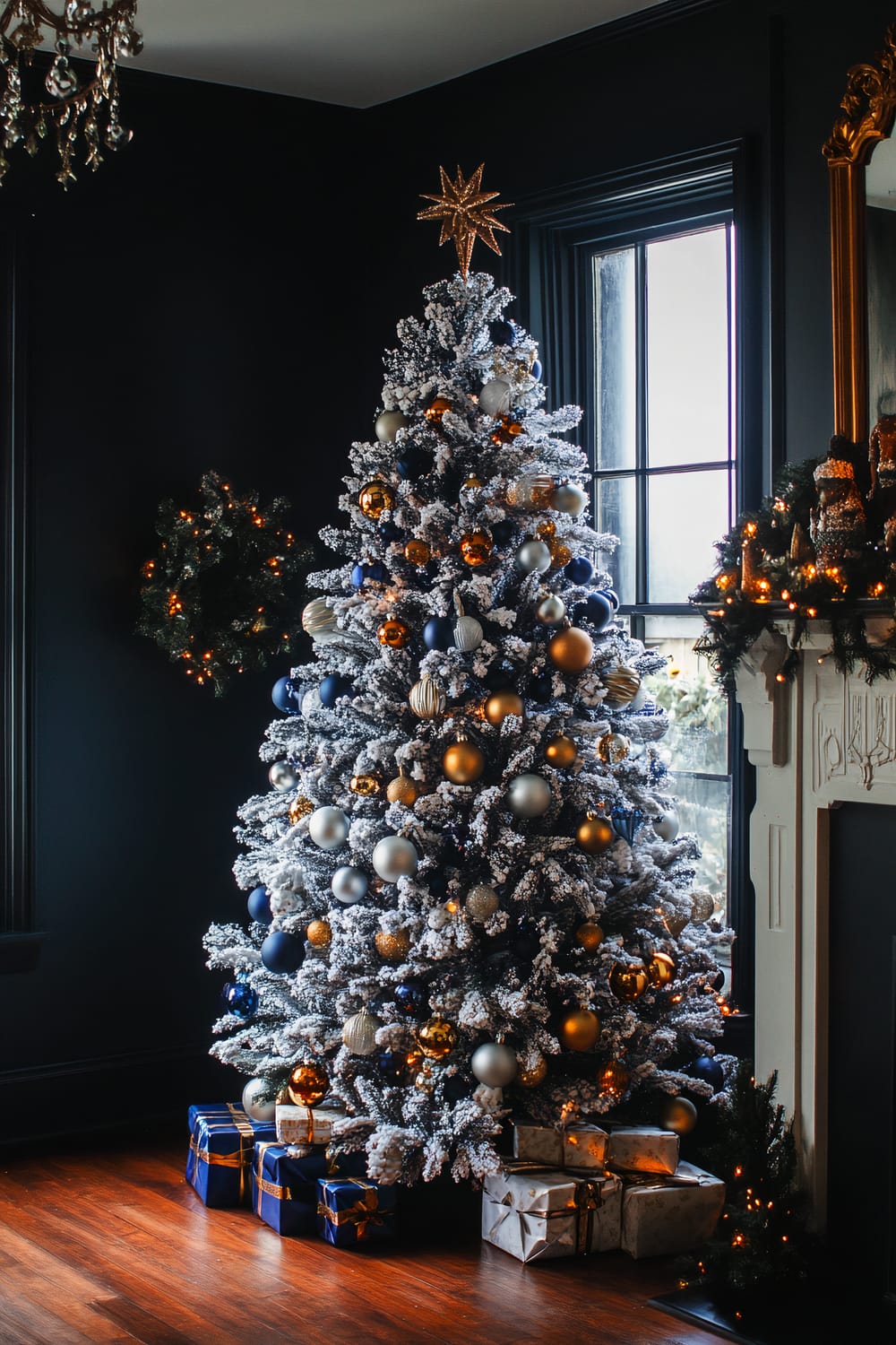 A tastefully decorated Christmas tree stands in an elegantly dark room, its branches dusted with artificial snow. The tree is adorned with ornaments in shades of gold, silver, and navy blue. At the top, a star topper is visible. Around the tree's base, wrapped gifts in blue and silver paper are arranged. The room features a white fireplace on the right, decorated with small evergreen branches and warm lights. A wreath with orange lights hangs on the dark wall to the left of the tree, and a window beside the tree allows natural light to filter into the room.