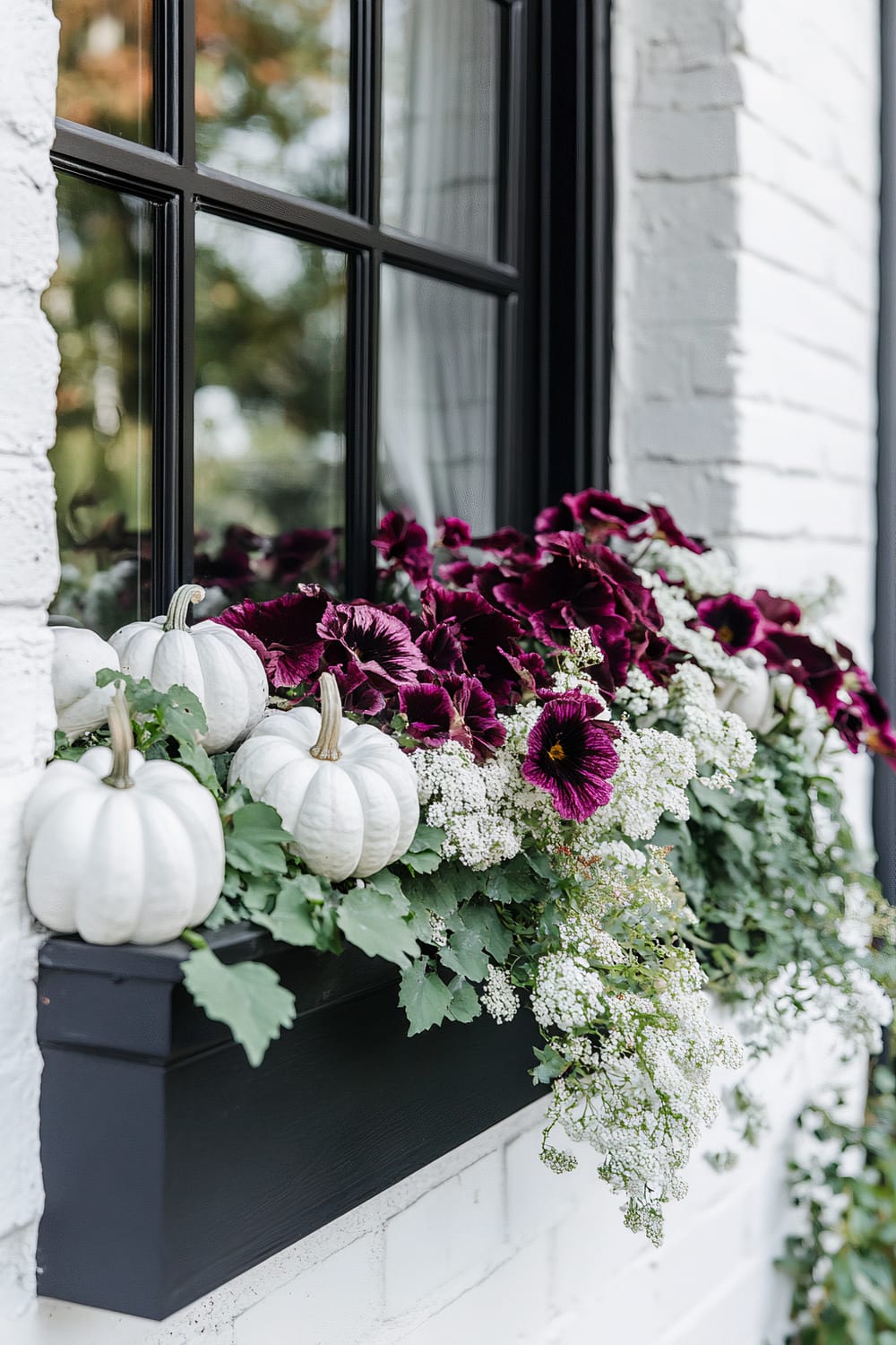 An exterior window of a house showcasing a black window frame and sill. The white-painted brick wall contrasts sharply with the deep purple flowers, white delicate blooms, and small white pumpkins arranged in a window box planter beneath the window.